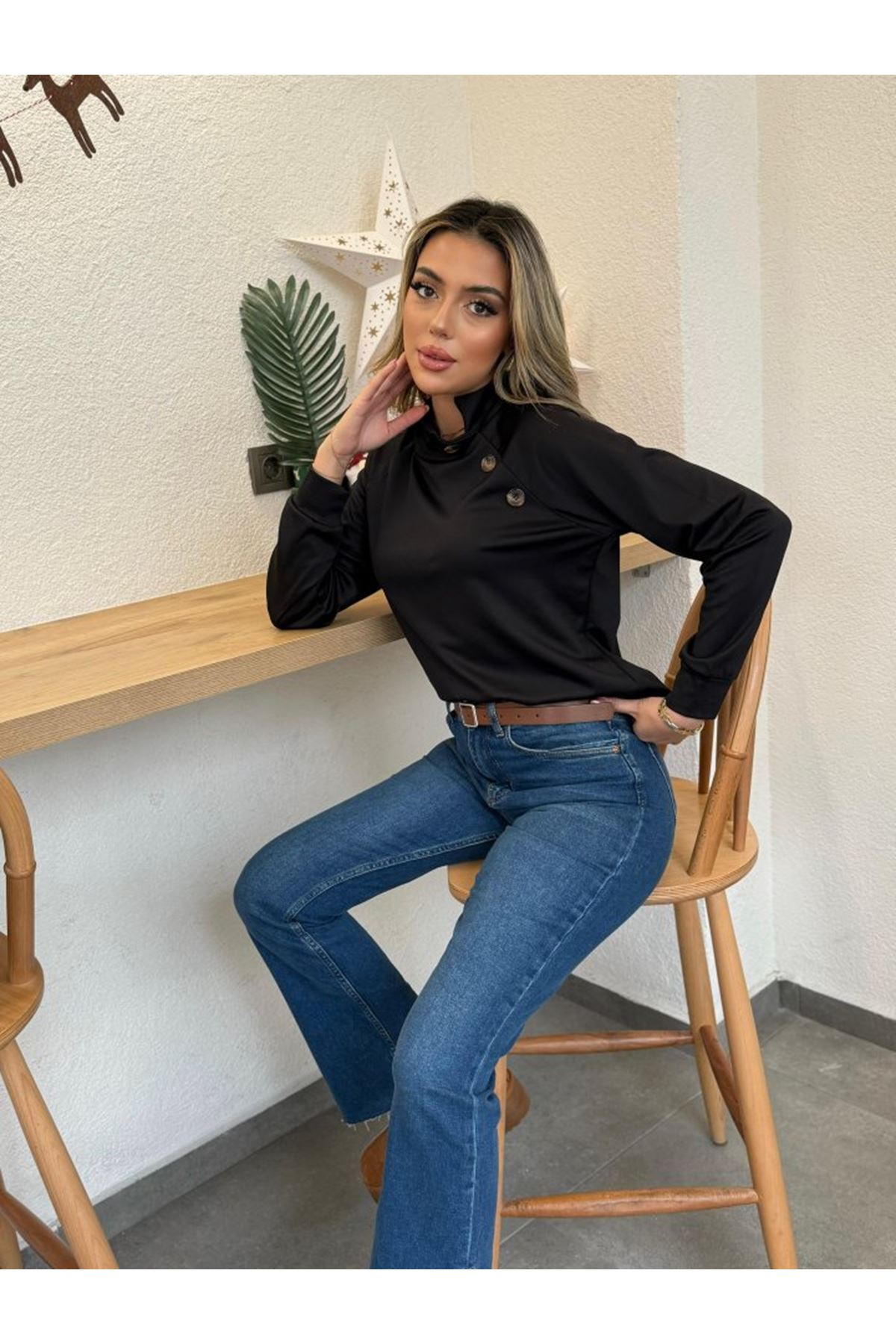 Kadın Uzun Kollu Balıkçı Yaka Düğme Detay şardonlu Dalgıç Bluz