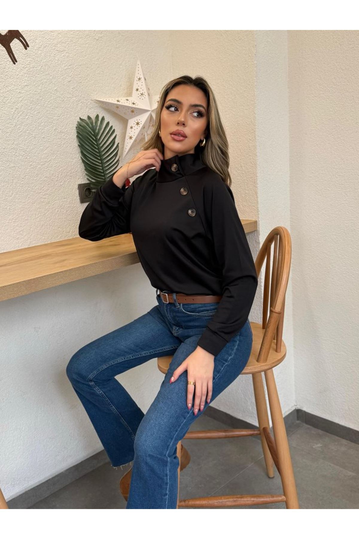 Kadın Uzun Kollu Balıkçı Yaka Düğme Detay şardonlu Dalgıç Bluz