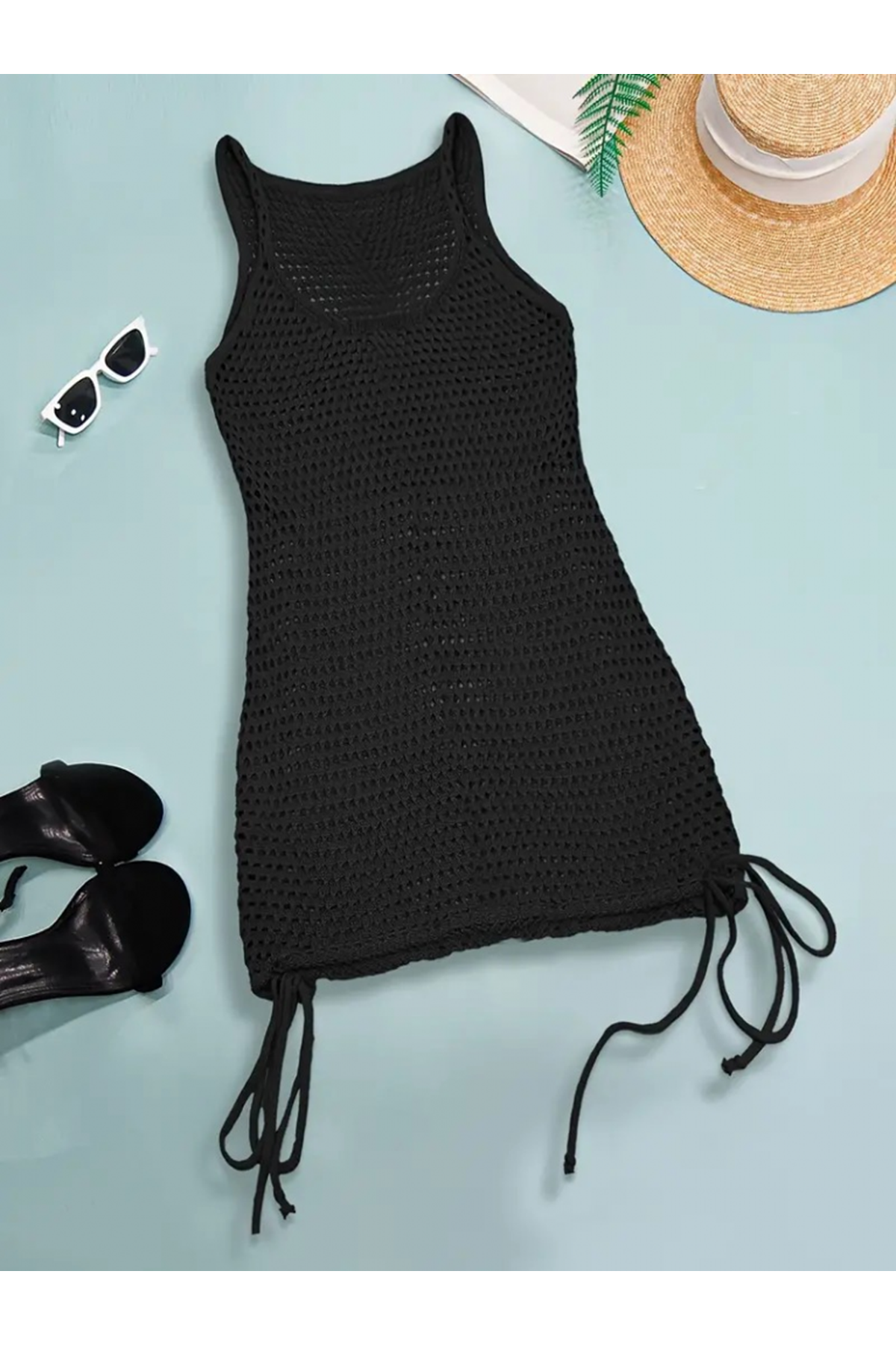 Kadınaskılı Eteği Büzgü Bağlama Detay Delikli örme Triko Pareo Elbise