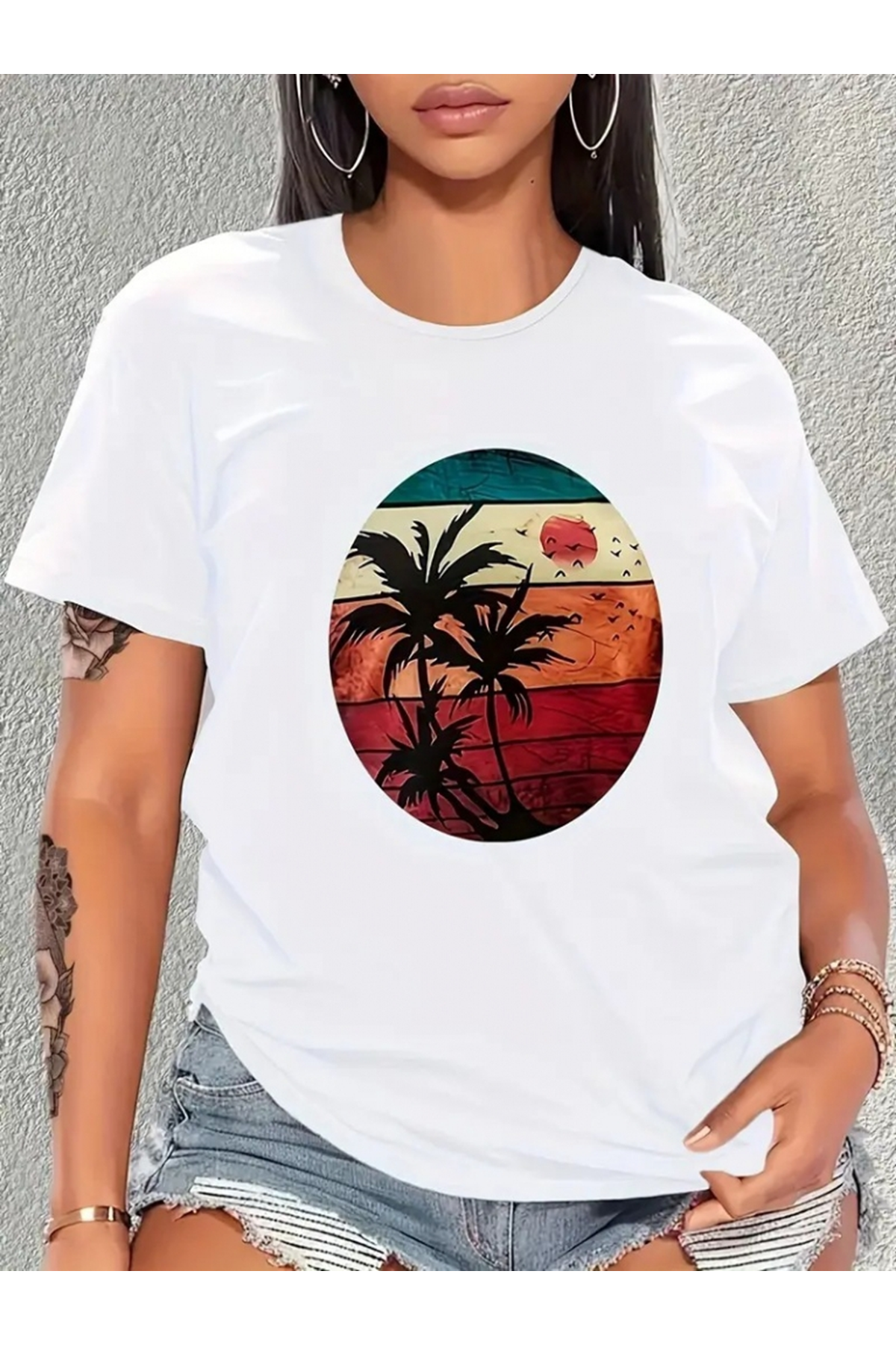 Kadın Kısa Kollu Palmiye Baskılı Viskon T-shirt