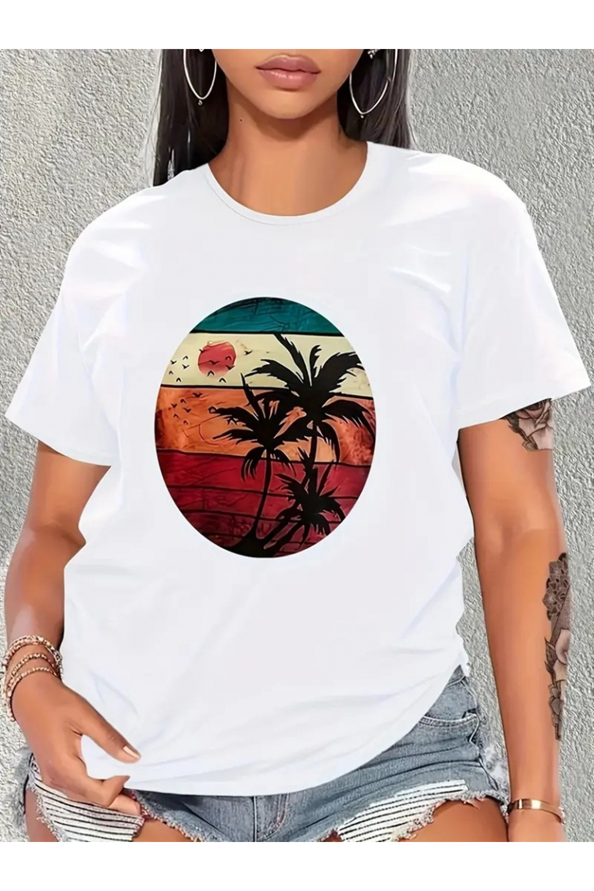 Kadın Kısa Kollu Palmiye Baskılı Viskon T-shirt