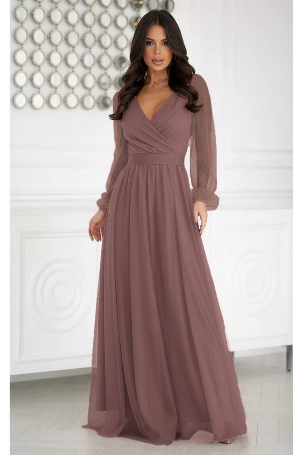 Kadın Uzun Kollu Kruvaze Yakalı Belden Kuşaklı Tüllü Uzun Ithal Krep Elbise