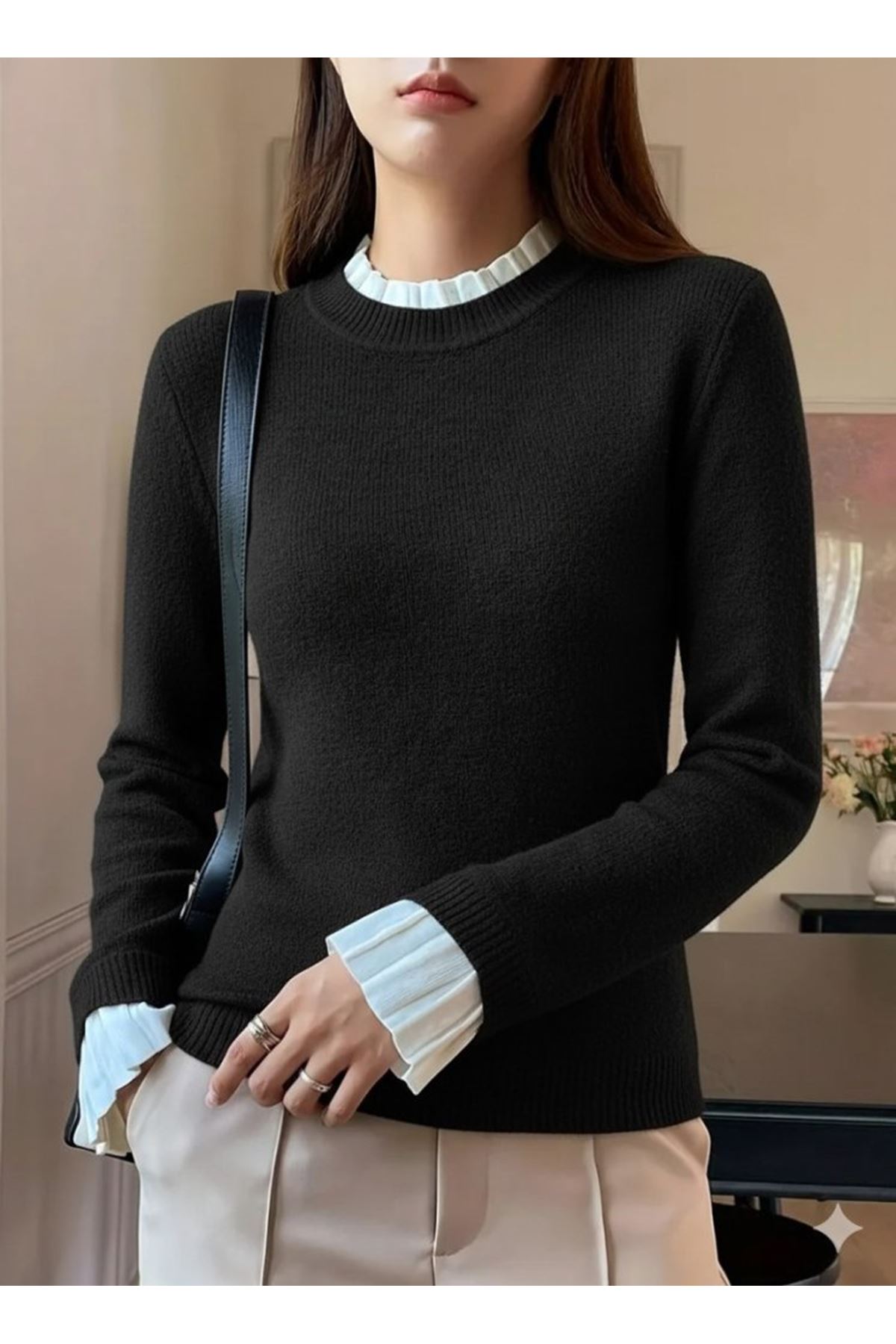 Kadın Uzun Kollu Fırfırlı Yakalı Triko Bluz