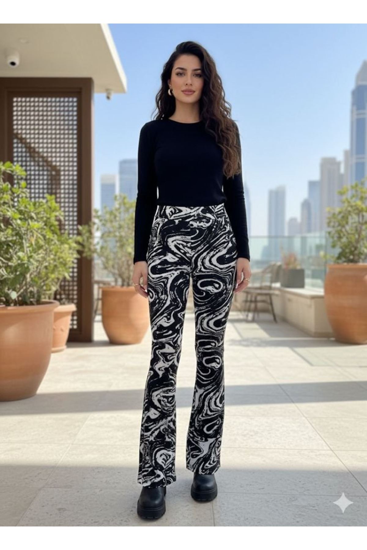 Kadın Yüksek Bel Krep Kumaş Bol Paça Pantolon