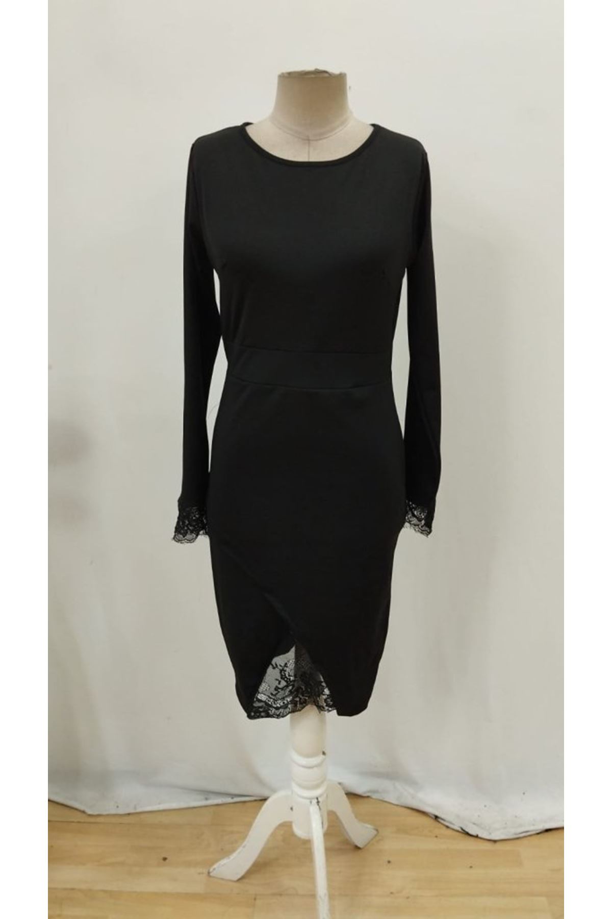 Kadın Uzun Kollu Bisiklet Yaka önden Dantel Ve Yırtmaç Detaylı Dalgıç Elbise