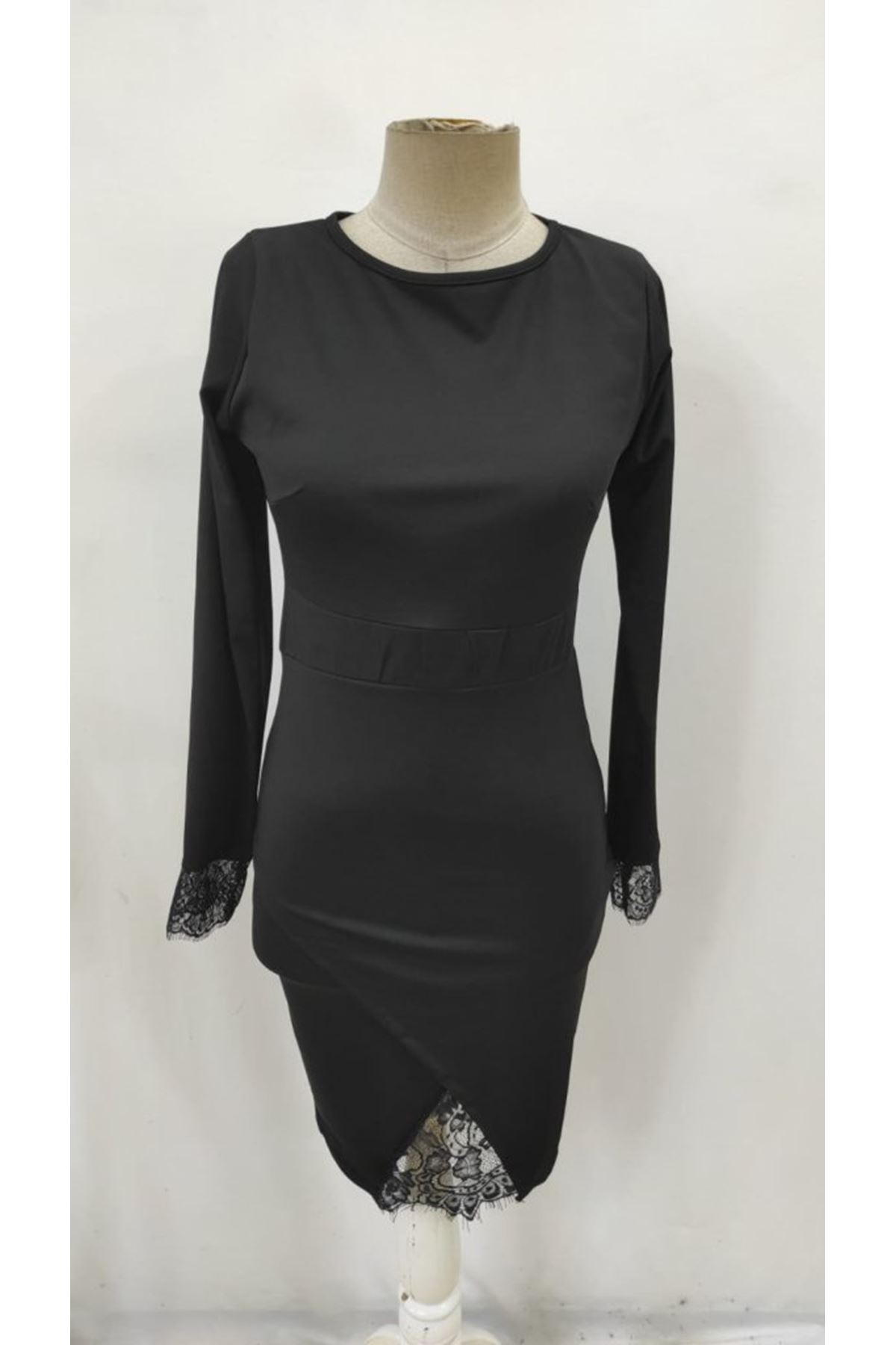 Kadın Uzun Kollu Bisiklet Yaka önden Dantel Ve Yırtmaç Detaylı Dalgıç Elbise