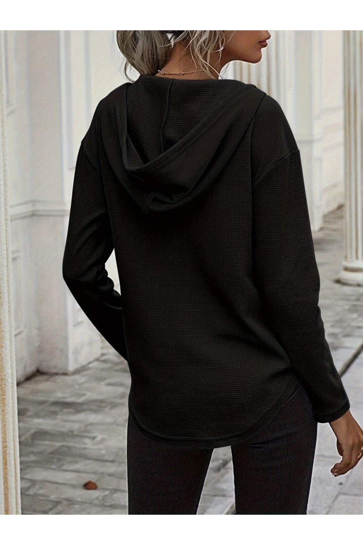 Kadın Uzun Kollu V Yakalı Kapşonlu Waffle Bluz