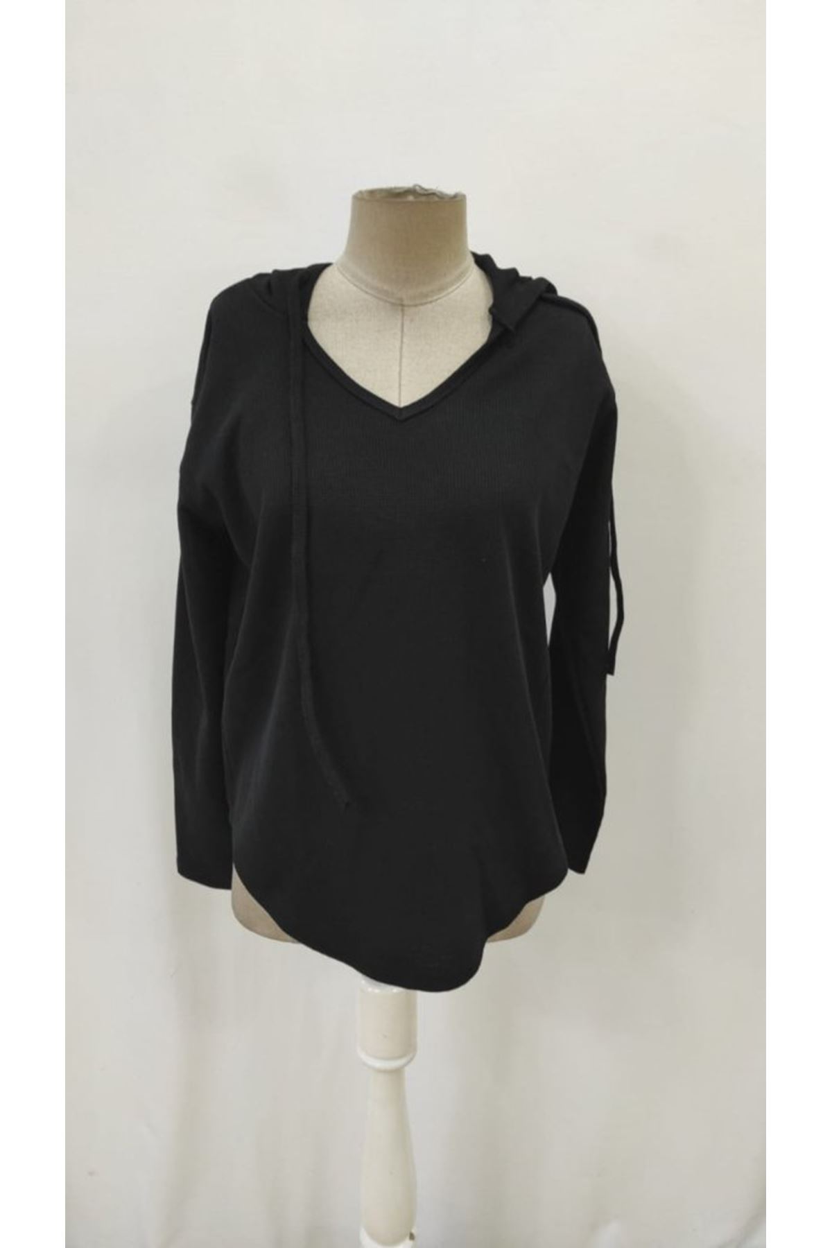 Kadın Uzun Kollu V Yakalı Kapşonlu Waffle Bluz