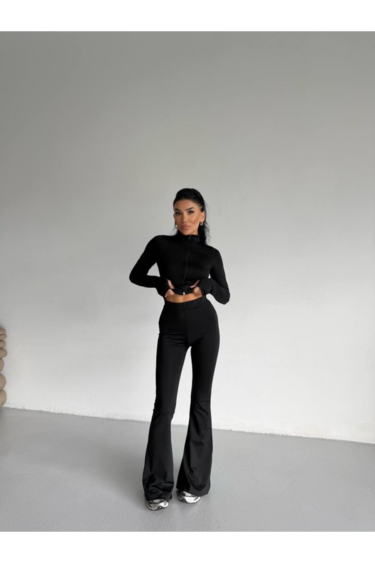 Kadın Balıkçı Yaka Cep Detaylı Ceket Ve Ispanyol Paça Spor Ikili Takım