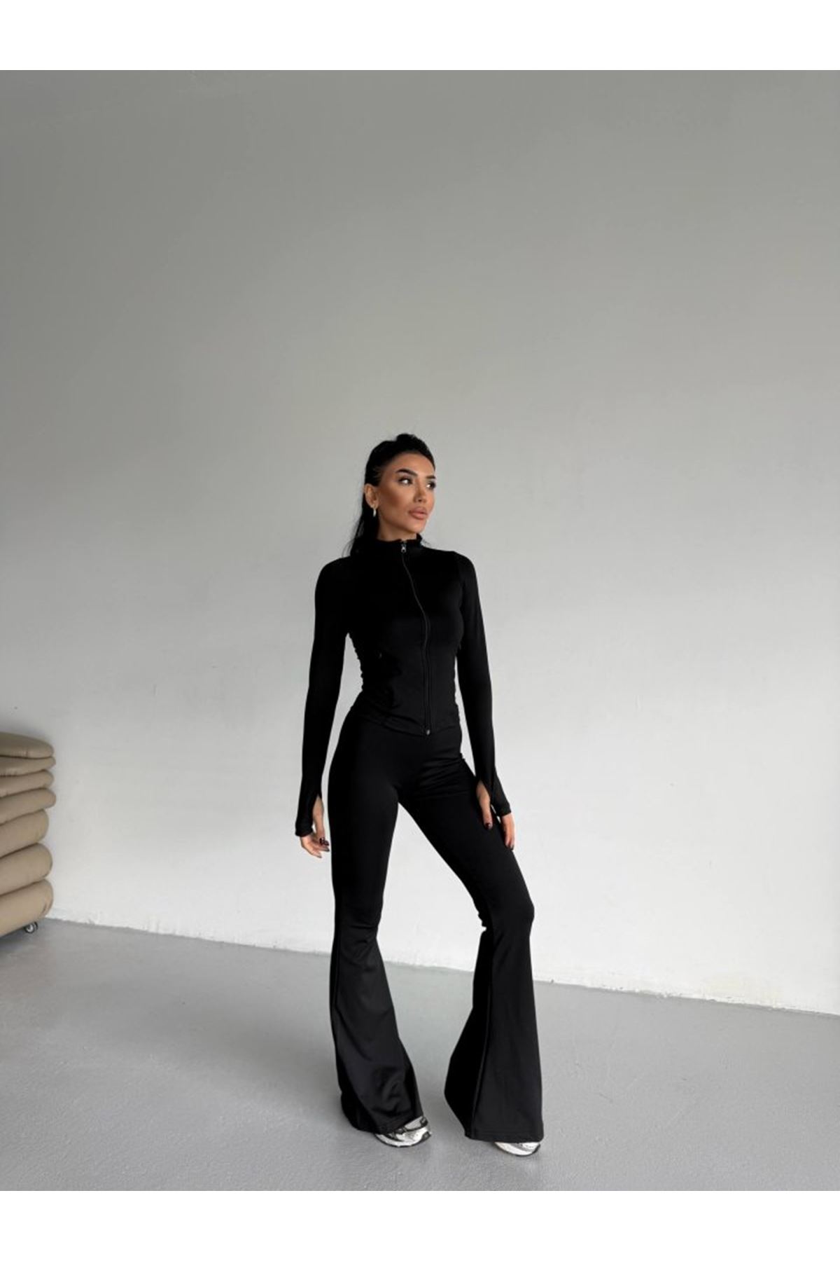 Kadın Balıkçı Yaka Cep Detaylı Ceket Ve Ispanyol Paça Spor Ikili Takım