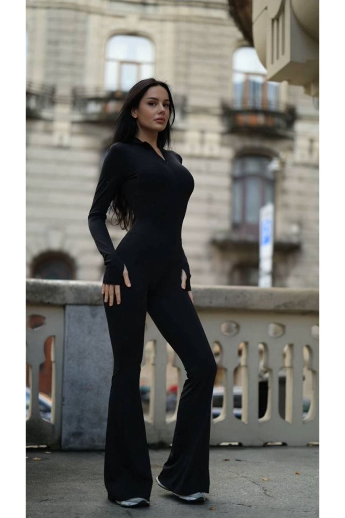 Kadın Uzun Kollu Balıkçı Yaka Fermuar Detay Ispanyol Paça Tulum