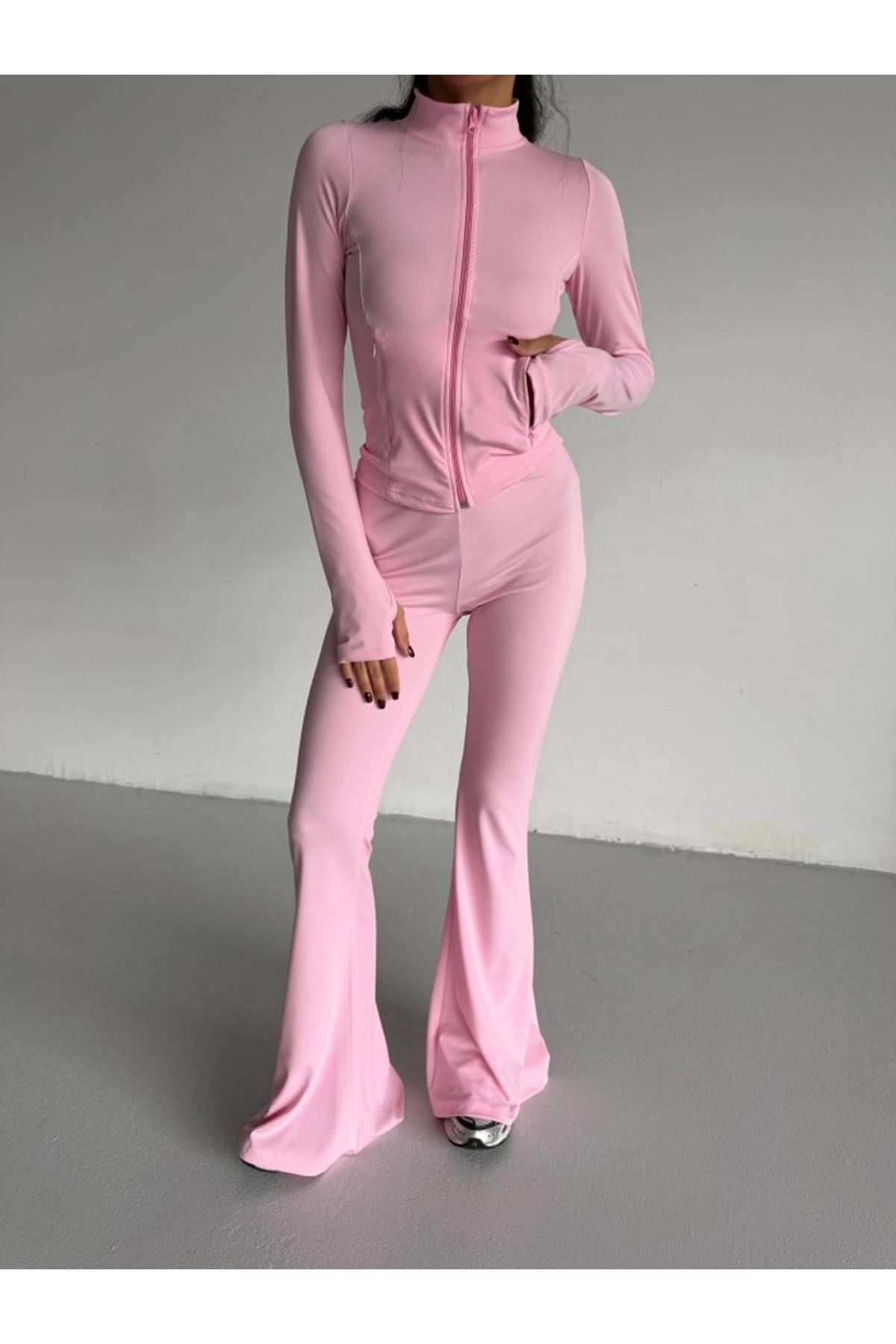 Kadın Balıkçı Yaka Cep Detaylı Ceket Ve Ispanyol Paça Spor Ikili Takım
