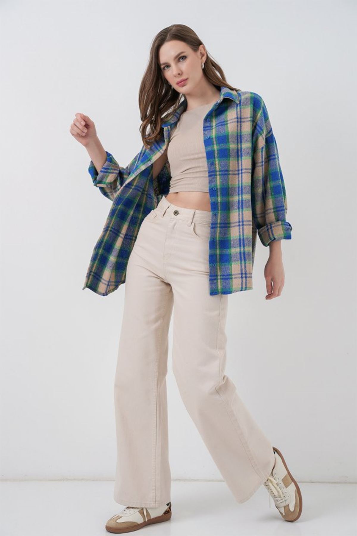 Ekose Desen Oversize Oduncu Gömlek 3854 Mavi Gri