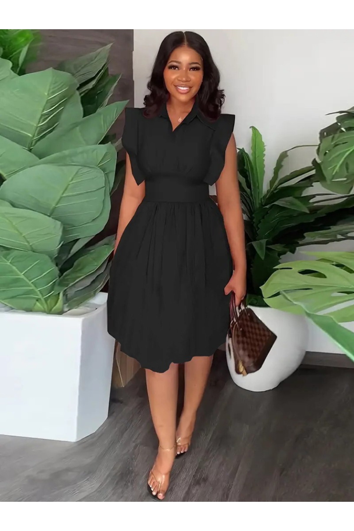 Kadın Yakalı Belden Oturmalı önden Büzgülü Dokuma Mini Elbise