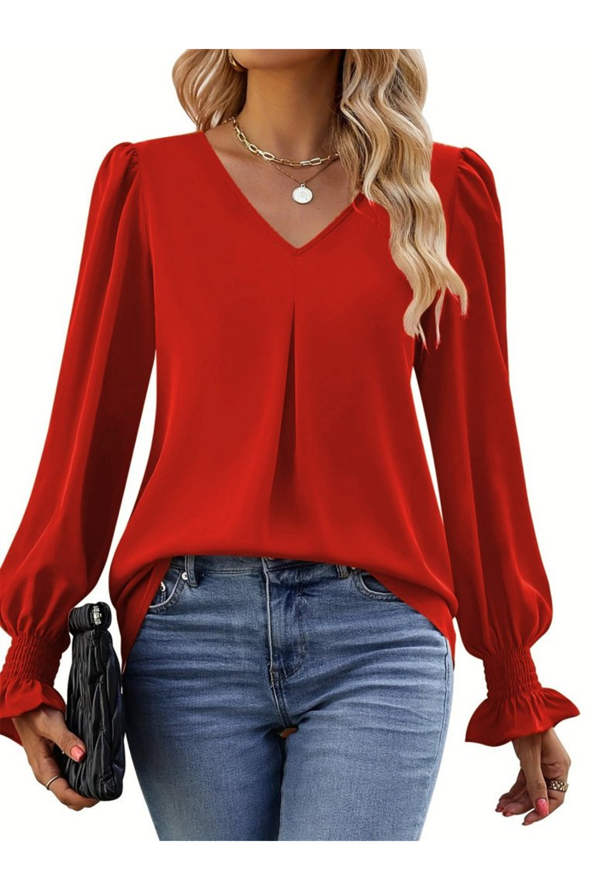 Kadın Uzun Kollu V Yakalı Salaş Ithal Krep Bluz