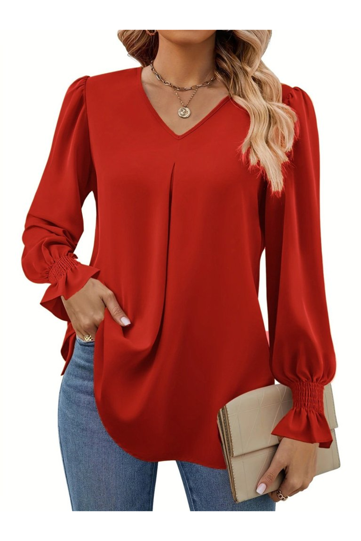 Kadın Uzun Kollu V Yakalı Salaş Ithal Krep Bluz