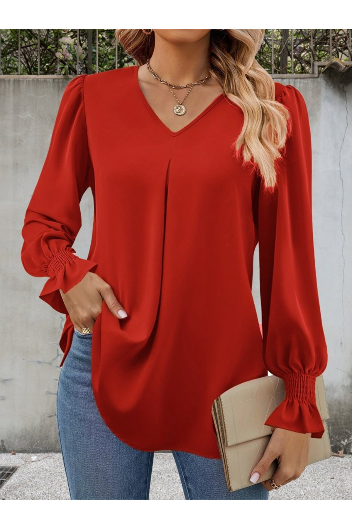 Kadın Uzun Kollu V Yakalı Salaş Ithal Krep Bluz