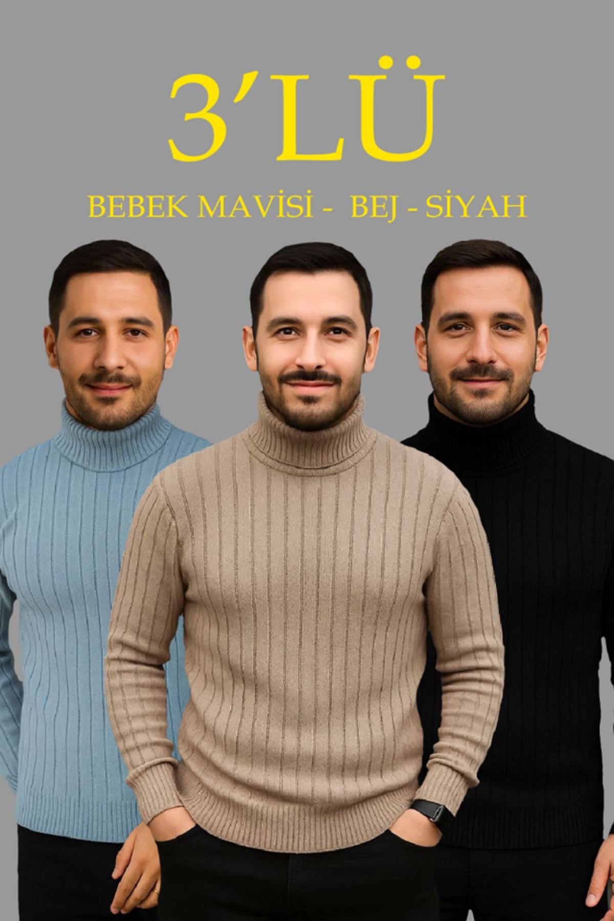 Erkek Fitilli Triko Kazak 3lÜ Set Bebek Mavisi Bej Siyah Regular Balıkcı Yaka Tam Boğazlı Triko Seti Modeli Kazak