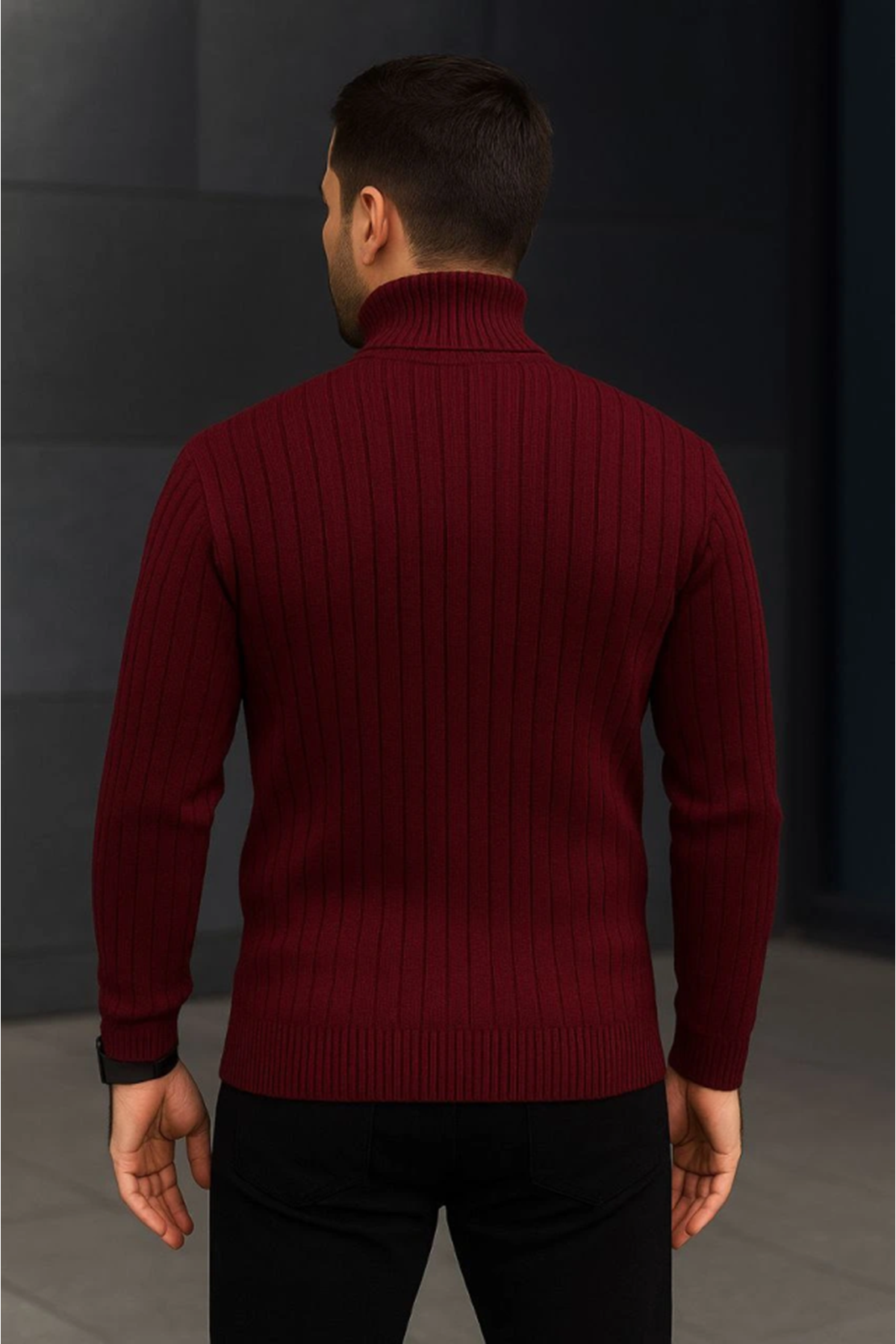 Erkek Fitilli Triko Kazak 2li Set Bordo Siyah Regular Balıkcı Yaka Tam Boğazlı Triko Seti Modeli Kazak