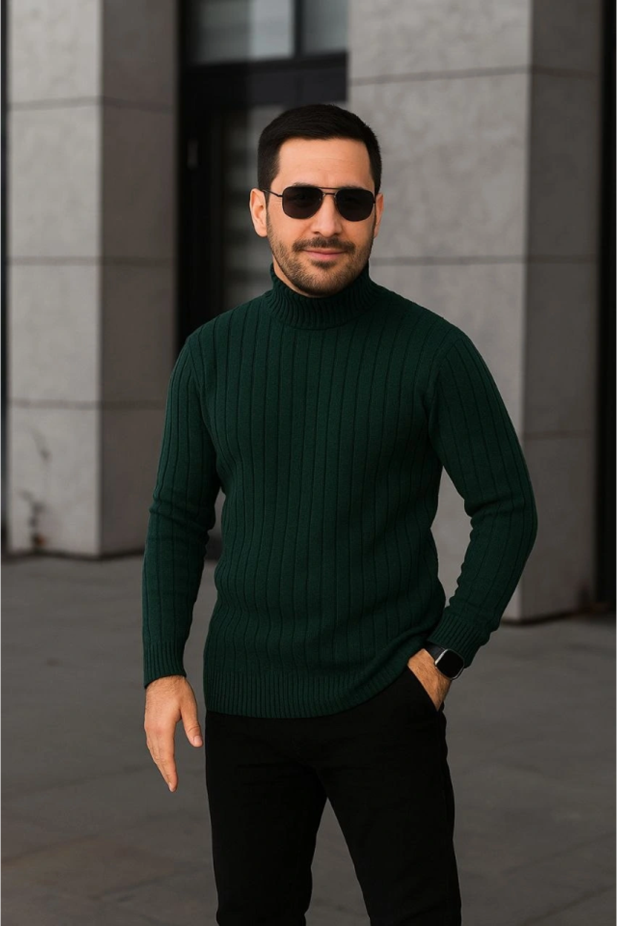 Erkek Fitilli Triko Kazak 3lÜ Set Gri Haki Siyah Regular Balıkcı Yaka Tam Boğazlı Triko Seti Modeli Kazak