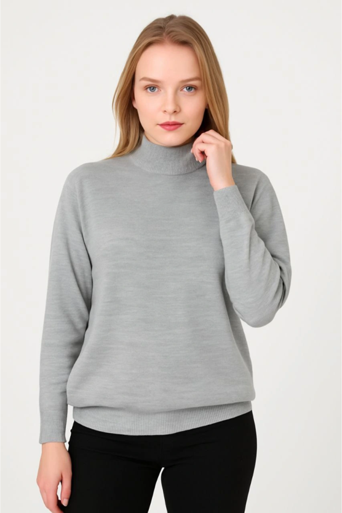 Yarım Boğaz Triko Kazak Yumuşak Dokulu Pamuklu Ince Dokuma, Uzun Kollu Rahat Regular Kalıp - Gri