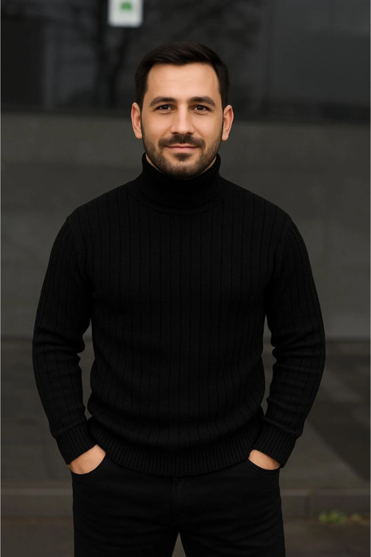 Erkek Fitilli Triko Kazak 2li Set Bej Siyah Regular Balıkcı Yaka Tam Boğazlı Triko Seti Modeli Kazak