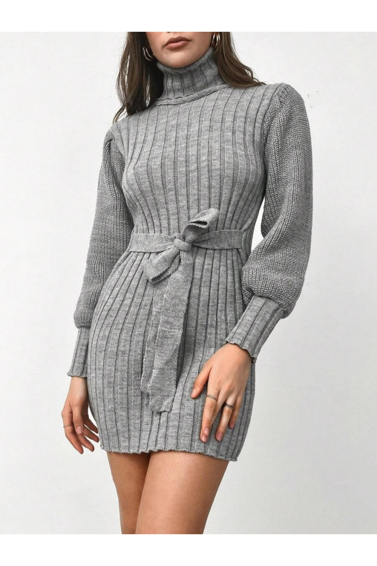 Kadın Uzun Kollu Balıkçı Yaka Beli Kuşaklı Mini Triko Elbise