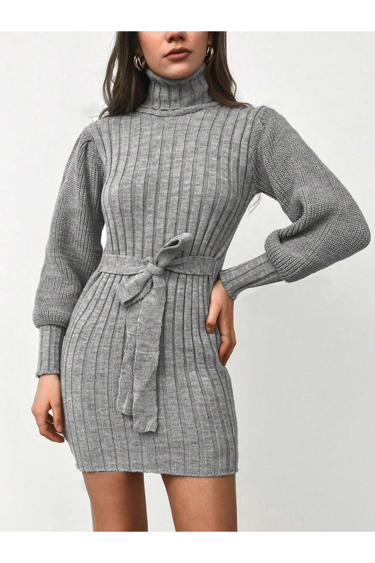 Kadın Uzun Kollu Balıkçı Yaka Beli Kuşaklı Mini Triko Elbise