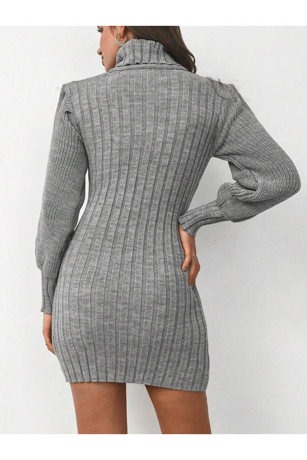 Kadın Uzun Kollu Balıkçı Yaka Beli Kuşaklı Mini Triko Elbise