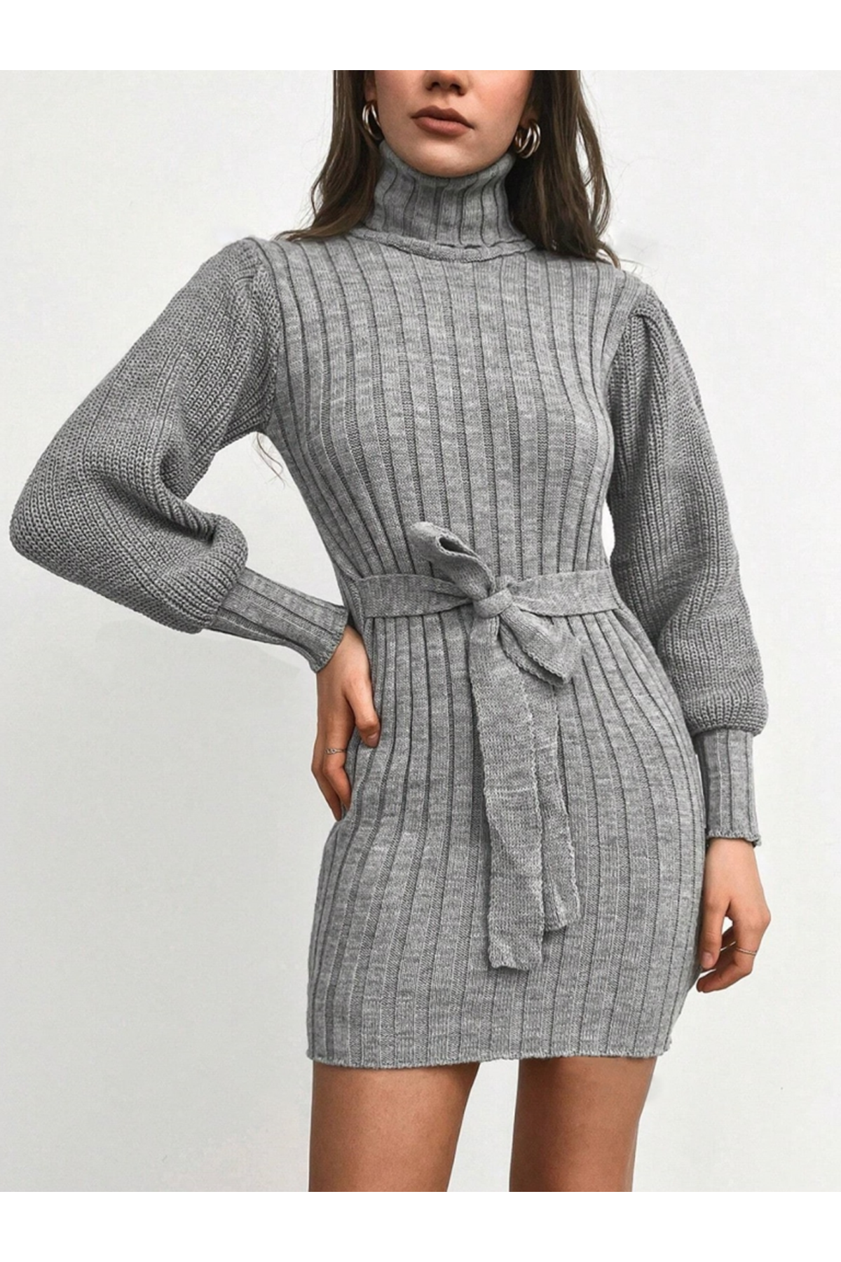Kadın Uzun Kollu Balıkçı Yaka Beli Kuşaklı Mini Triko Elbise