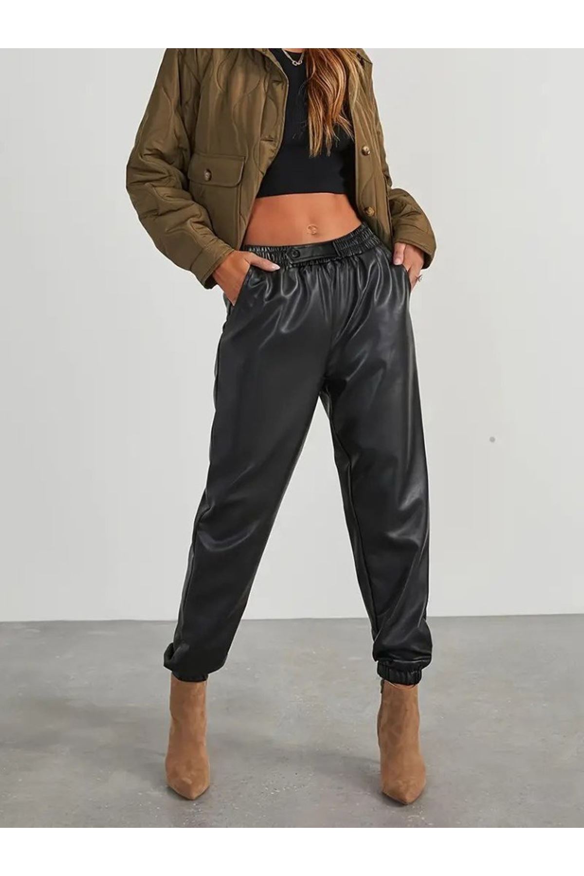Kadın Yüksek Bel Lastikli önü Düğmeli Deri Pantolon