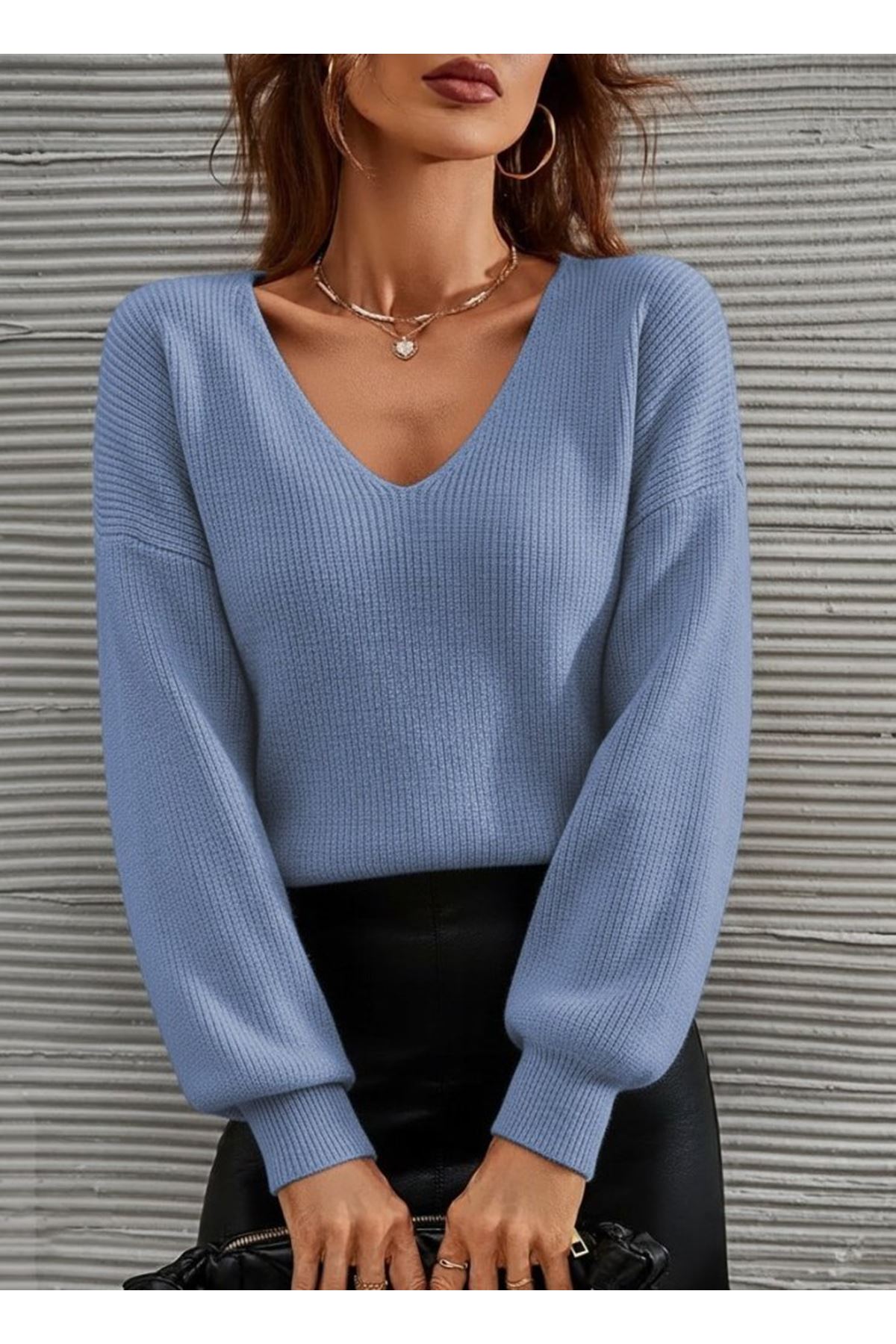 Kadın Uzun Kollu V Yakalı Triko Bluz