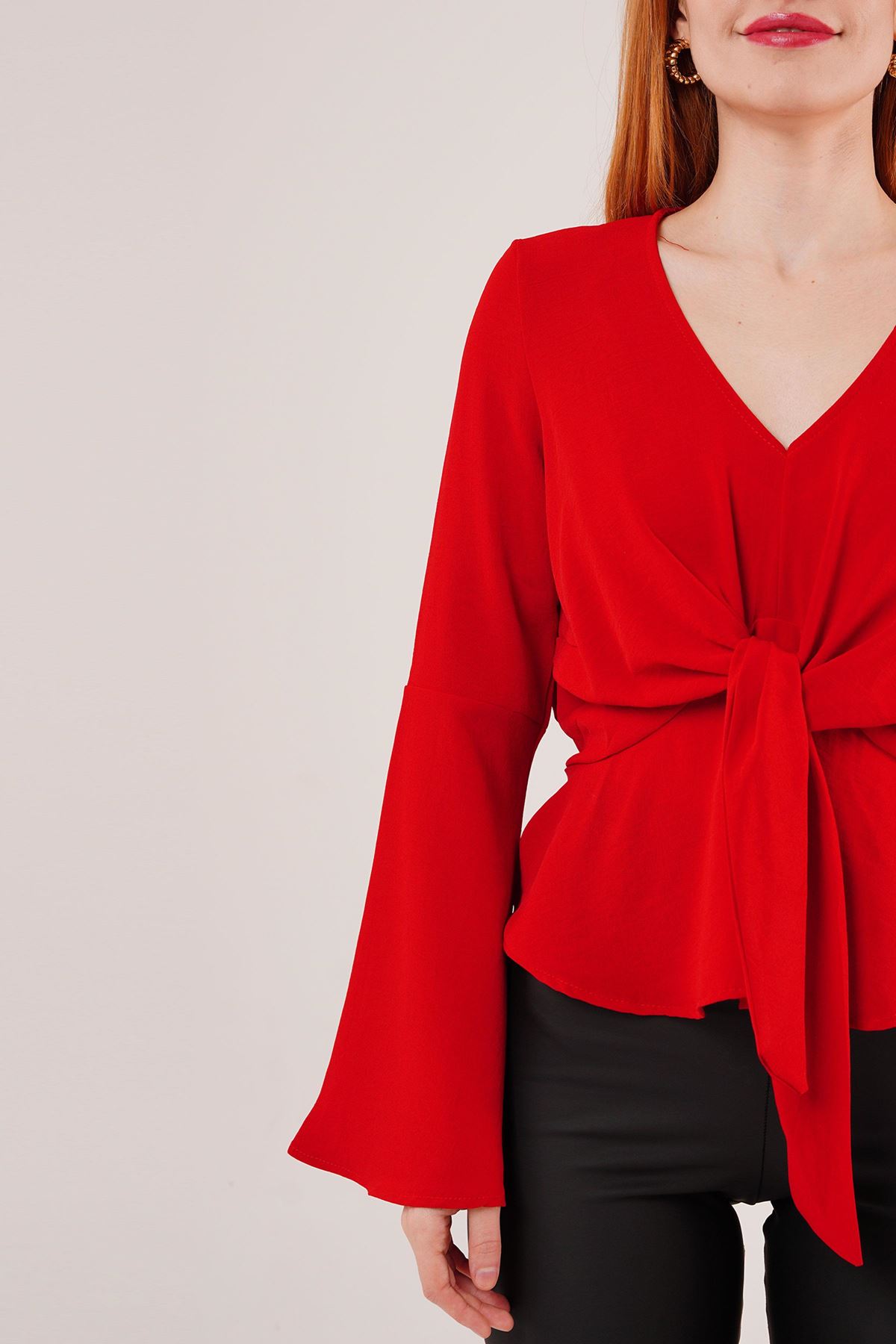 Ön Bağlamalı Volan Kol Kırmızı Bluz