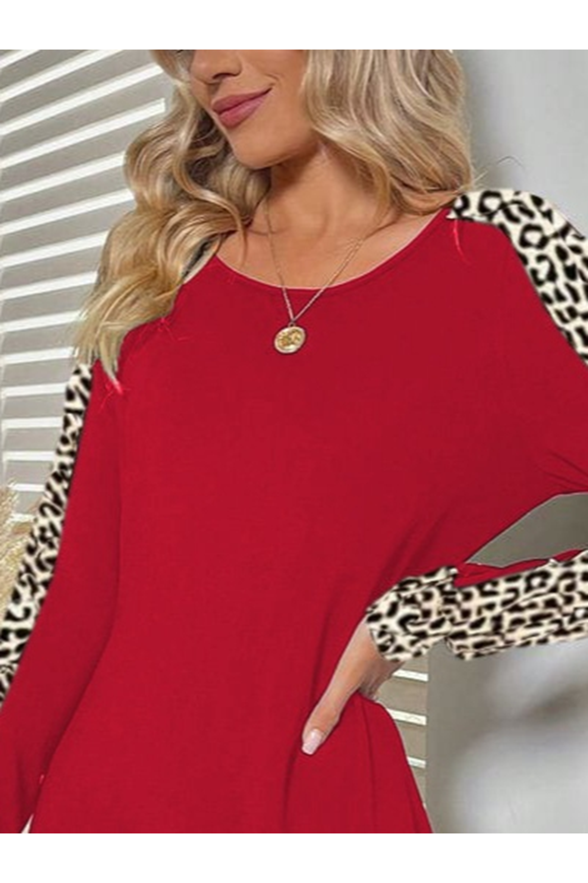 Kadın Uzun Kollu Bisiklet Yaka Kollar Leopar Detay Iki Iplik Mini Boy Elbise