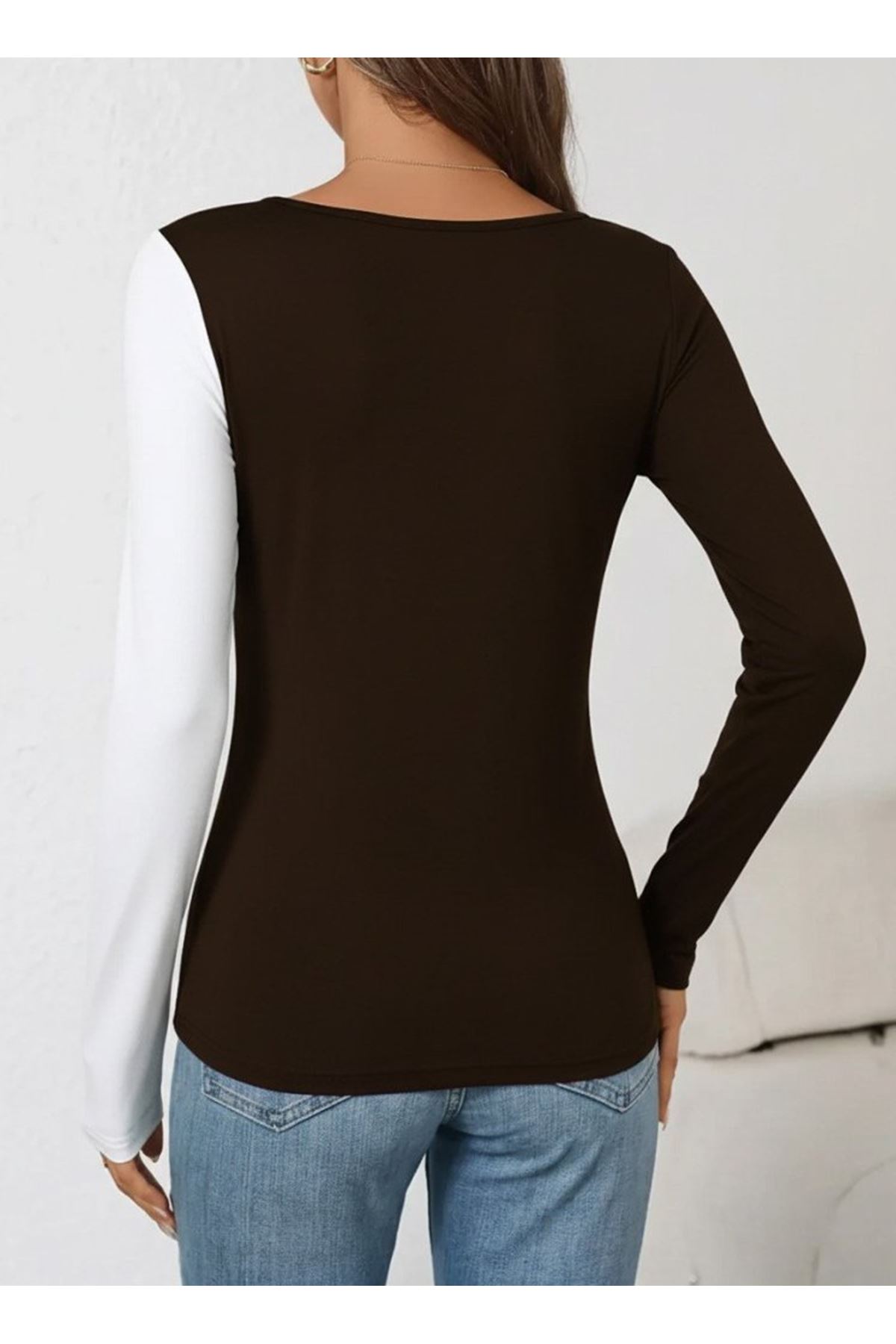 Kadın Uzun Kollu Geometrik Yaka Detaylı çift Renkli Viskon Bluz