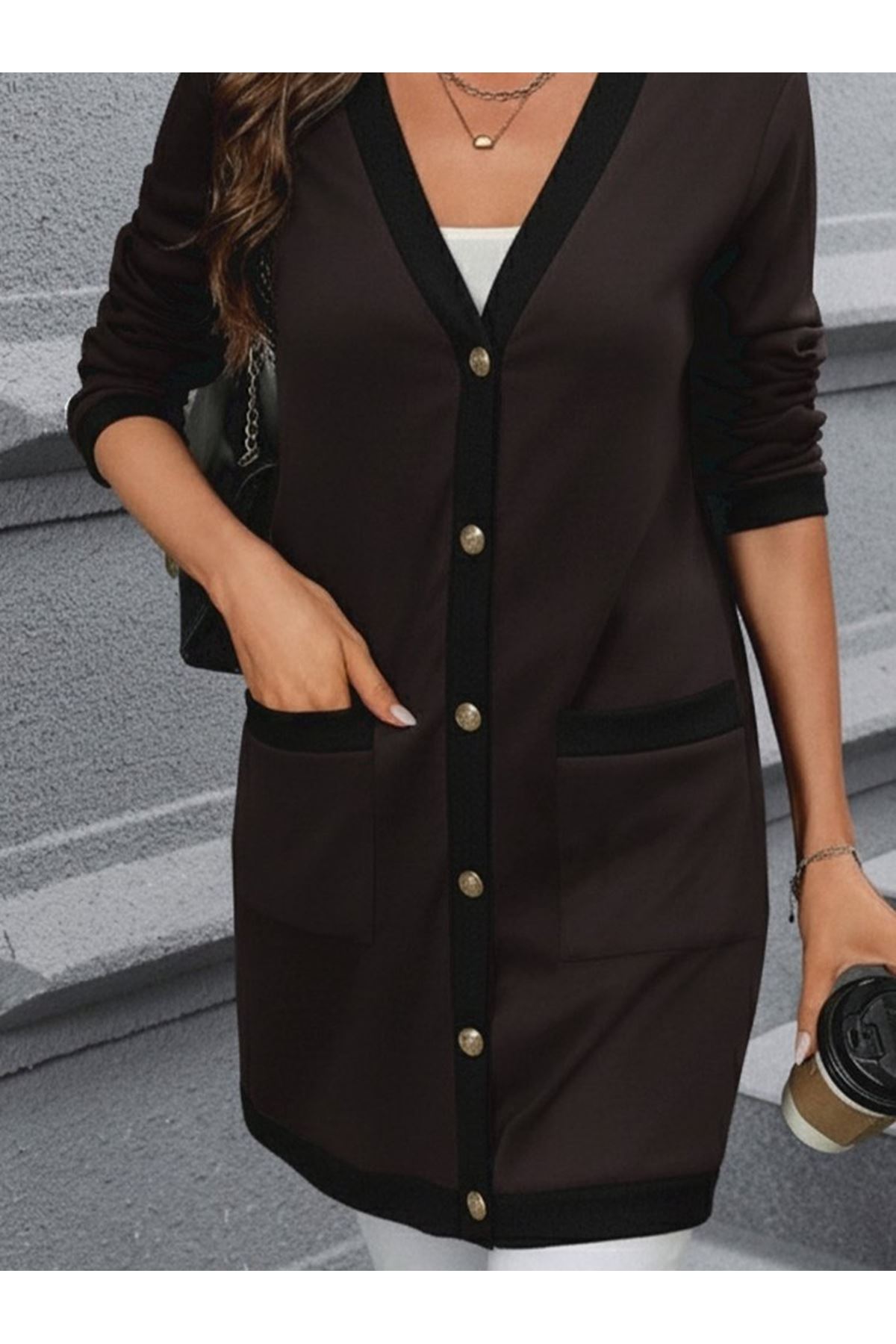 Kadın Uzun Kollu Cepli önden Düğmeli Uzun Modal Ceket Hırka