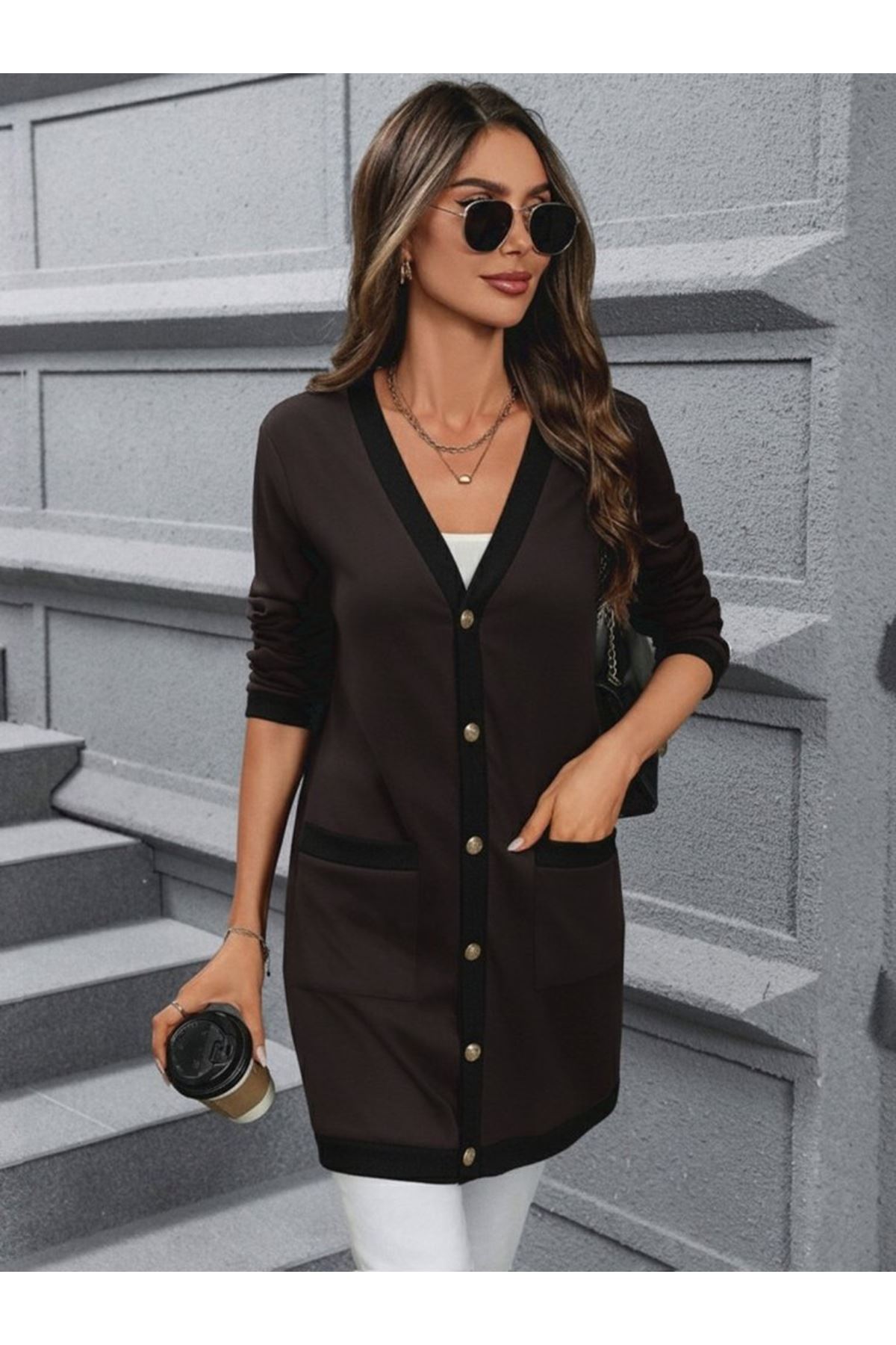Kadın Uzun Kollu Cepli önden Düğmeli Uzun Modal Ceket Hırka