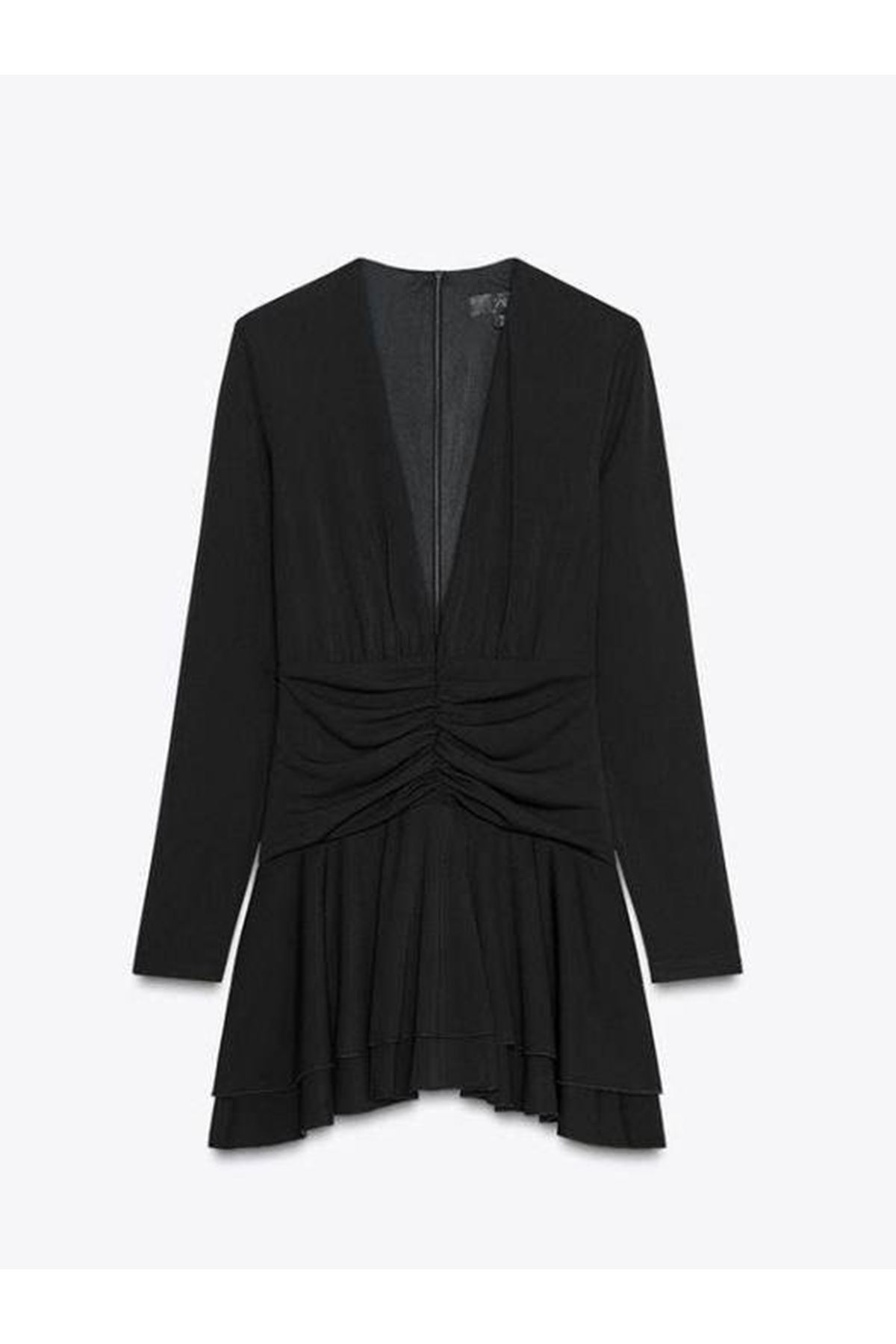 Kadın Uzun Kollu Derin V Dekolte Ve Ek Volan Detay Toparlayıcı şortlu Elbise