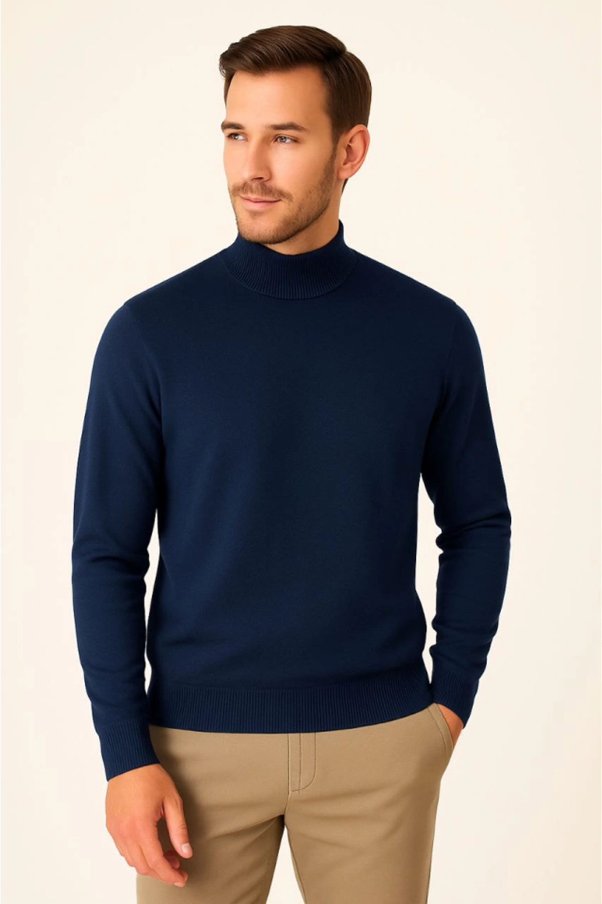 Erkek Yarım Boğaz Triko Kazak Yumuşak Dokulu Pamuklu Ince Dokuma, Uzun Kollu Rahat Regular Kalıp - Lacivert