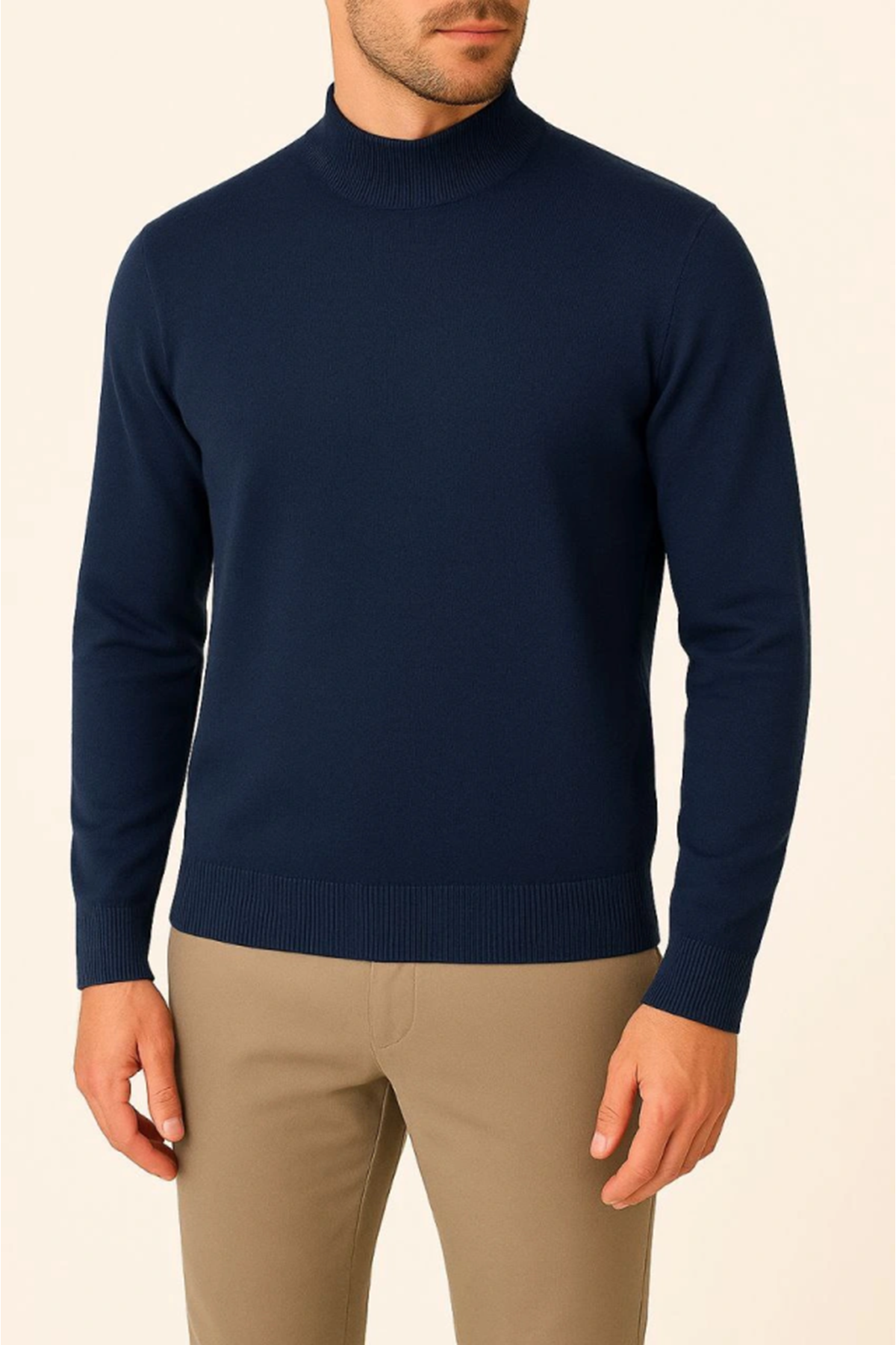 Erkek Yarım Boğaz Triko Kazak Yumuşak Dokulu Pamuklu Ince Dokuma, Uzun Kollu Rahat Regular Kalıp - Lacivert