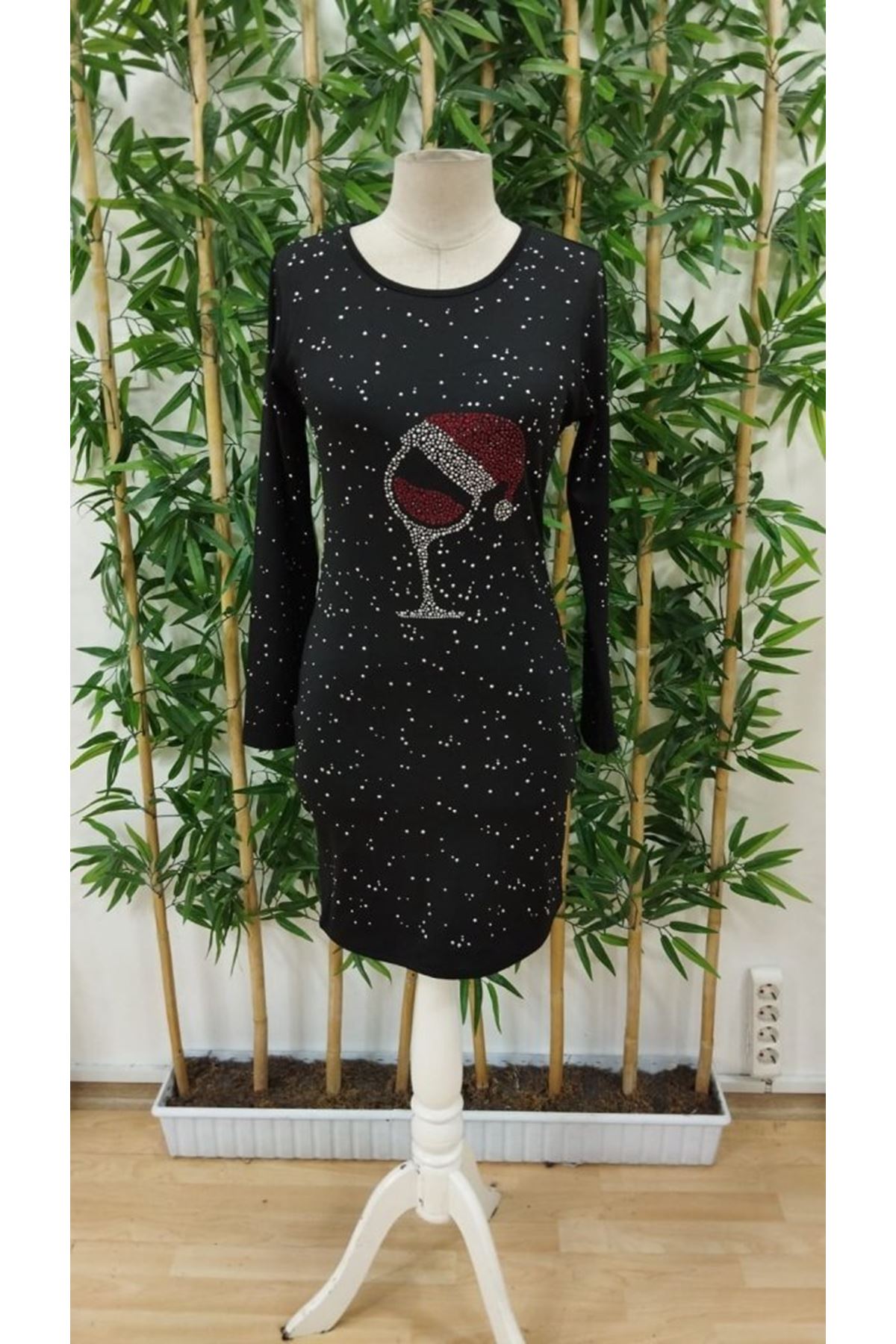 Kadın Uzun Kollu Taş Kadeh Baskı Dalgıç Mini Boy Elbise