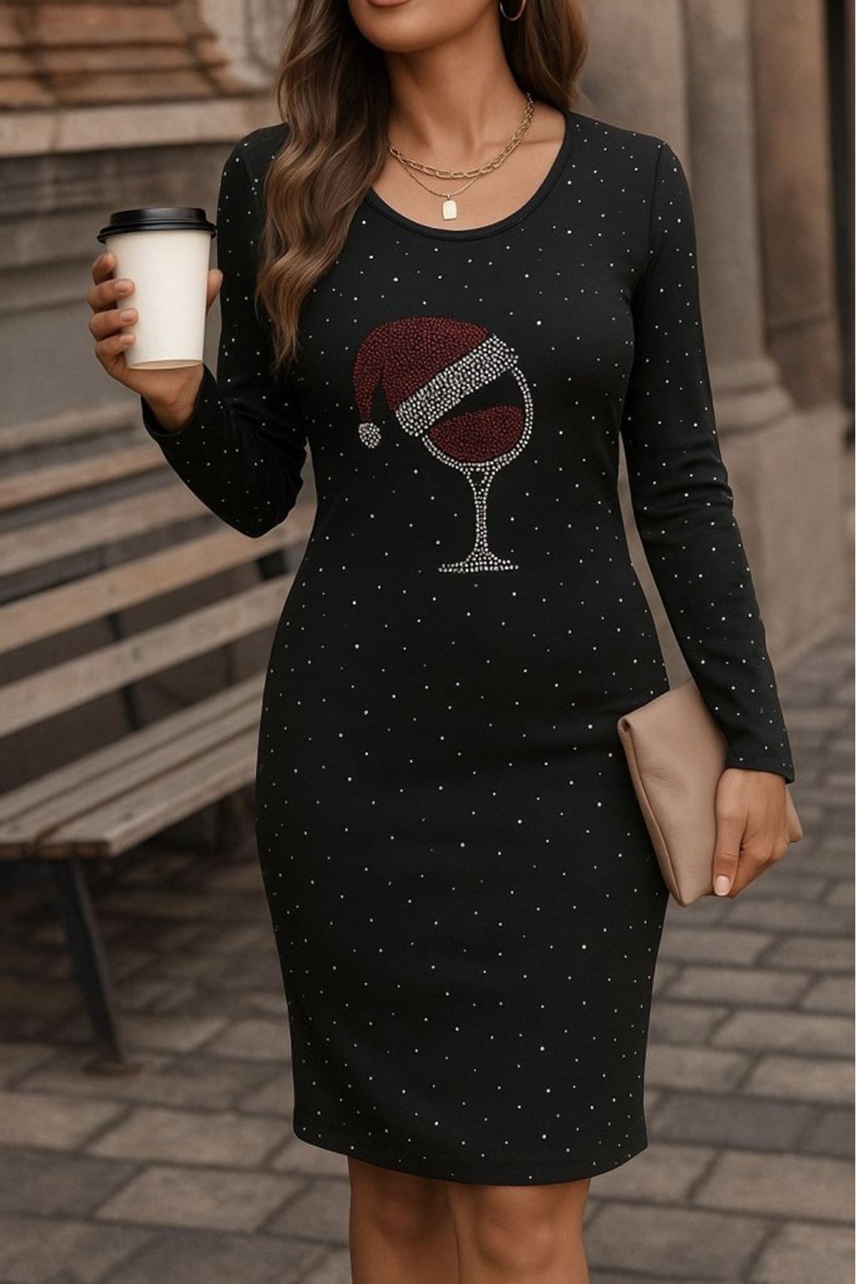 Kadın Uzun Kollu Taş Kadeh Baskı Dalgıç Mini Boy Elbise