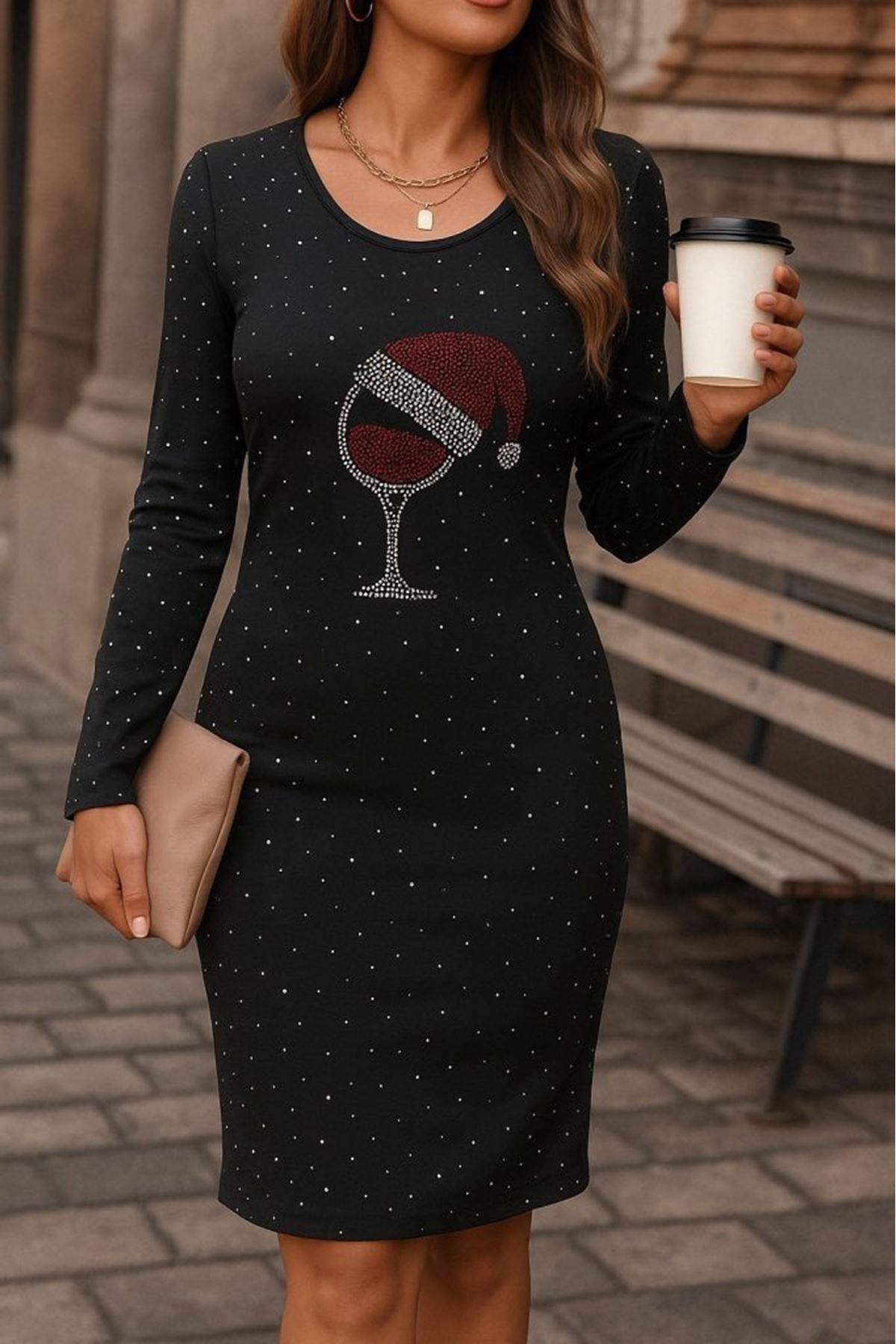 Kadın Uzun Kollu Taş Kadeh Baskı Dalgıç Mini Boy Elbise