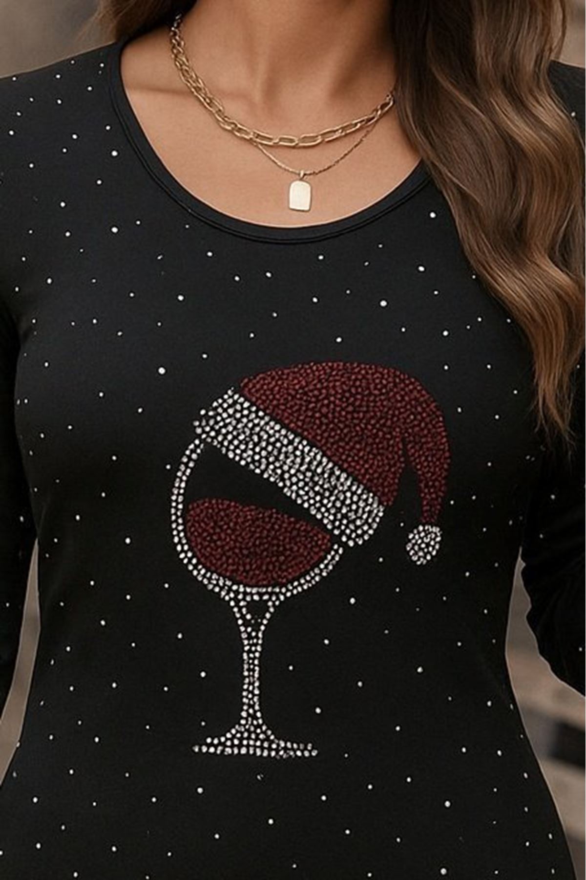 Kadın Uzun Kollu Taş Kadeh Baskı Dalgıç Mini Boy Elbise