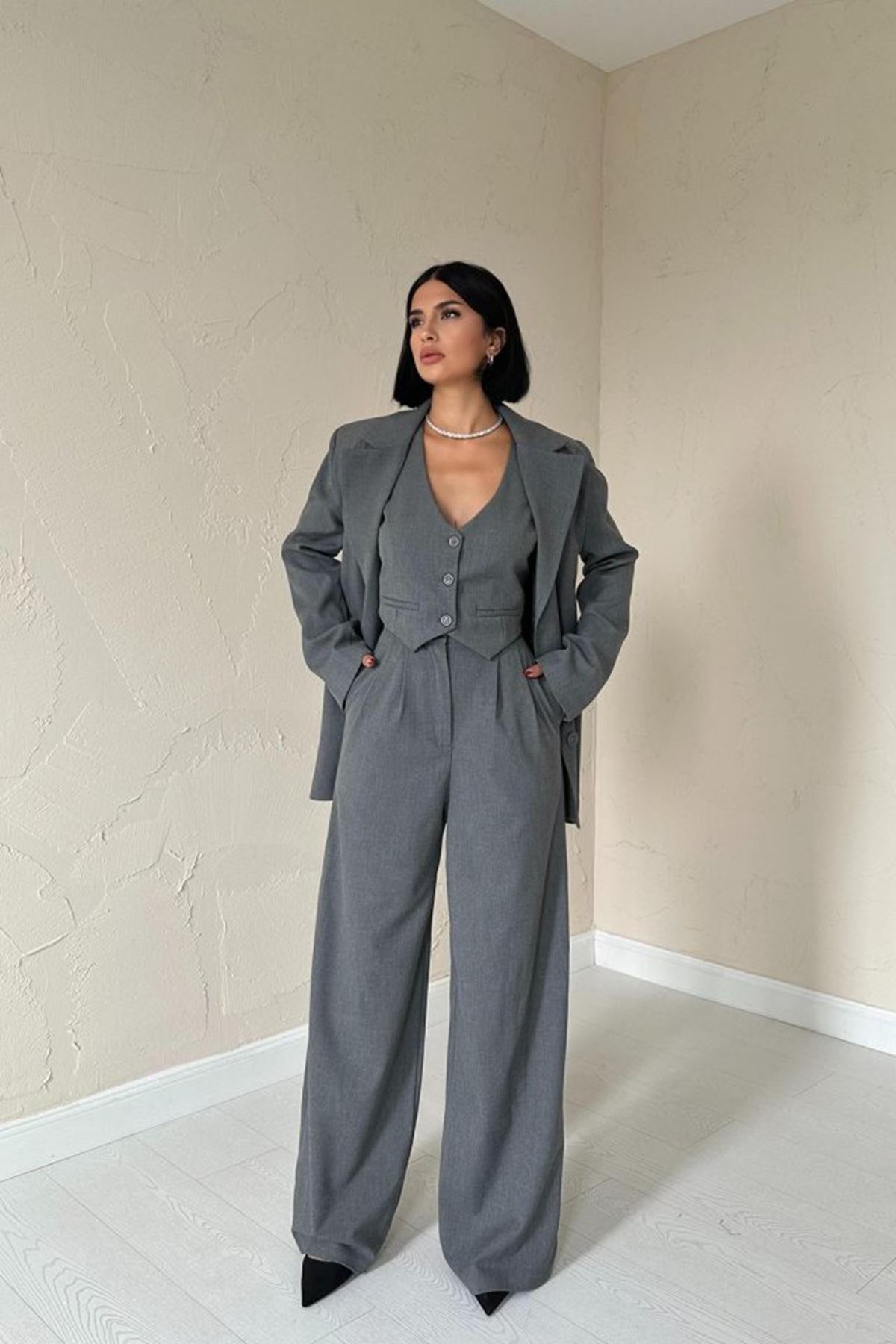 Antrasit Klas Ceket Ve Yelek Ve Pantolon Takım
