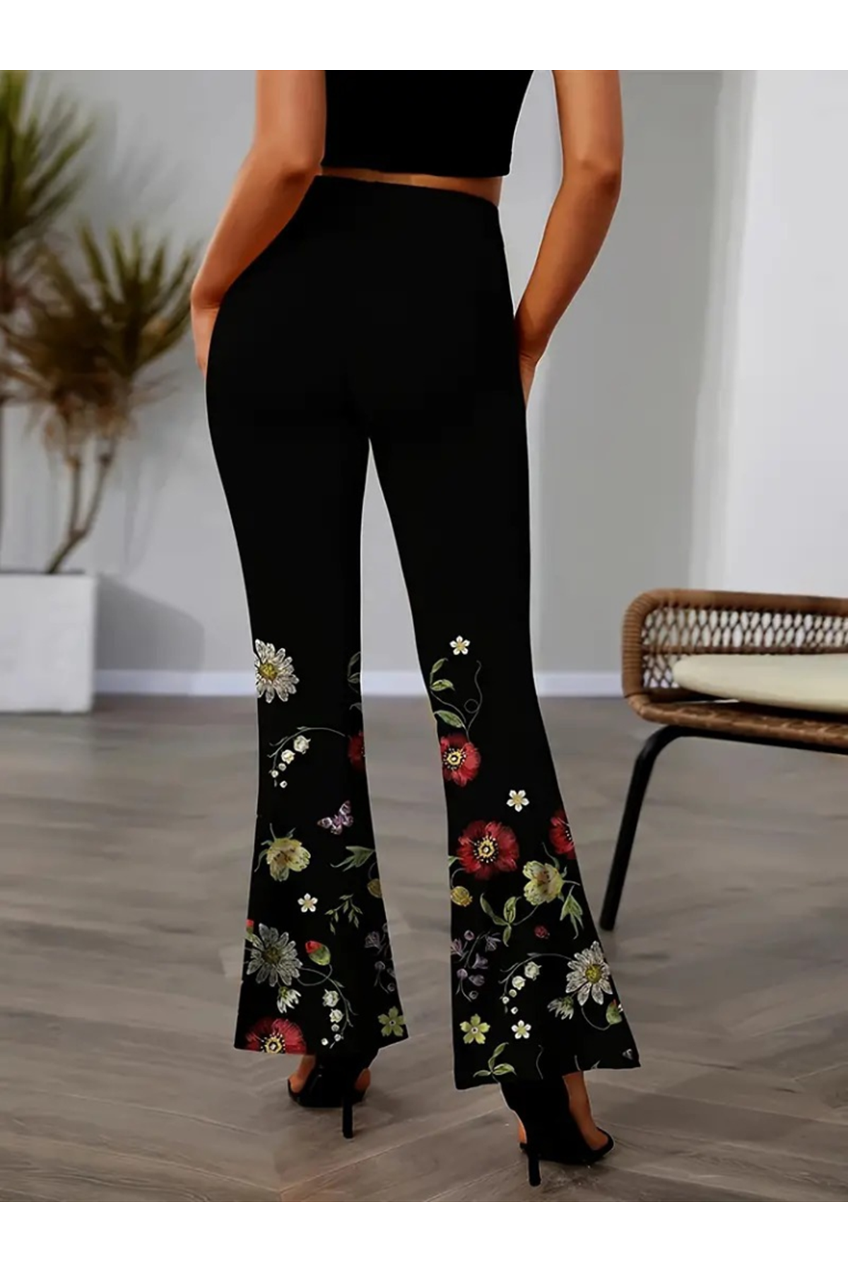 Kadın Yüksek Belli çiçek Desenli Ispanyol Paçalı Dalgıç Tayt Pantolon