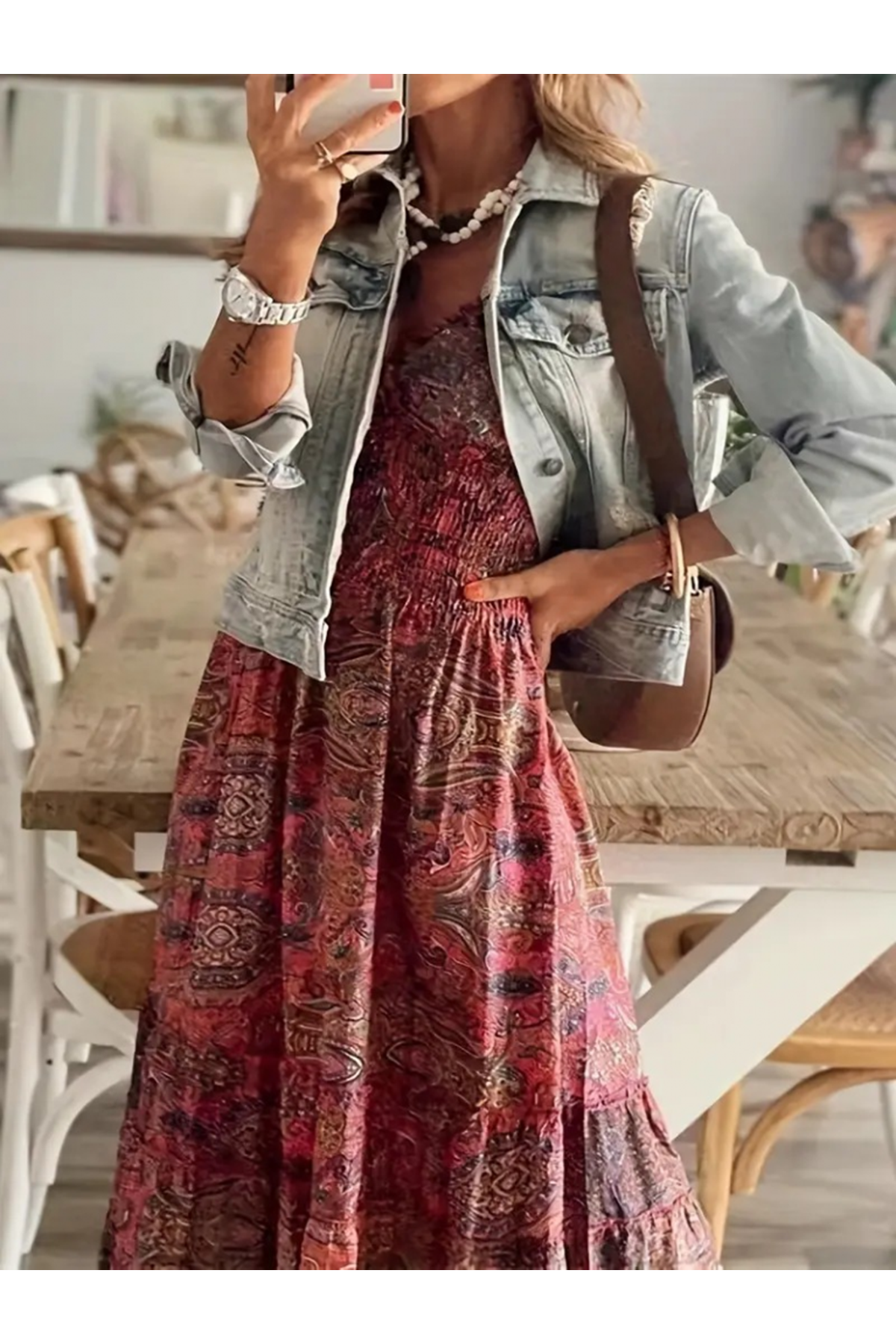 Kadın Kısa Kollu V Yakalı Beli Gipeli Desenli Süprem Maksi Elbise
