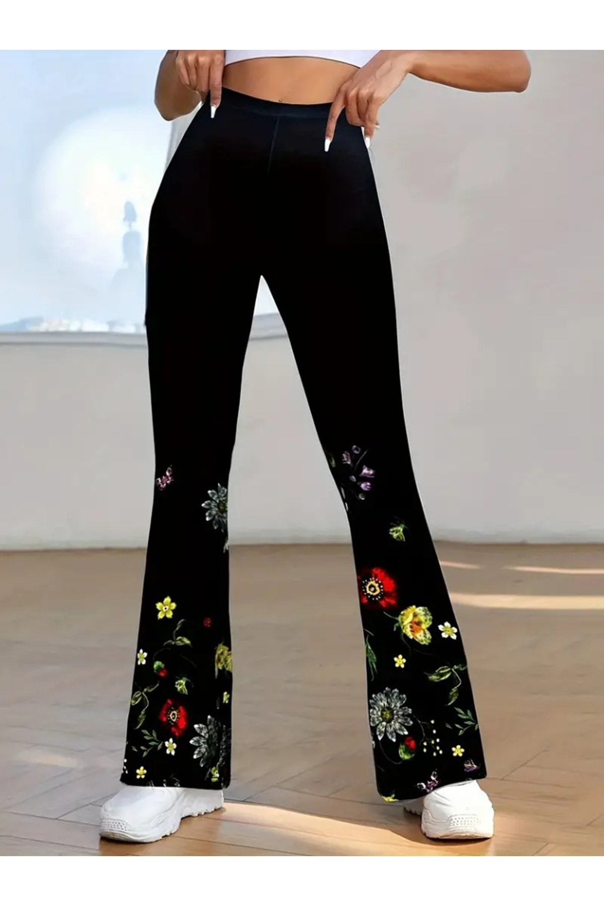 Kadın Yüksek Belli çiçek Desenli Ispanyol Paçalı Dalgıç Tayt Pantolon