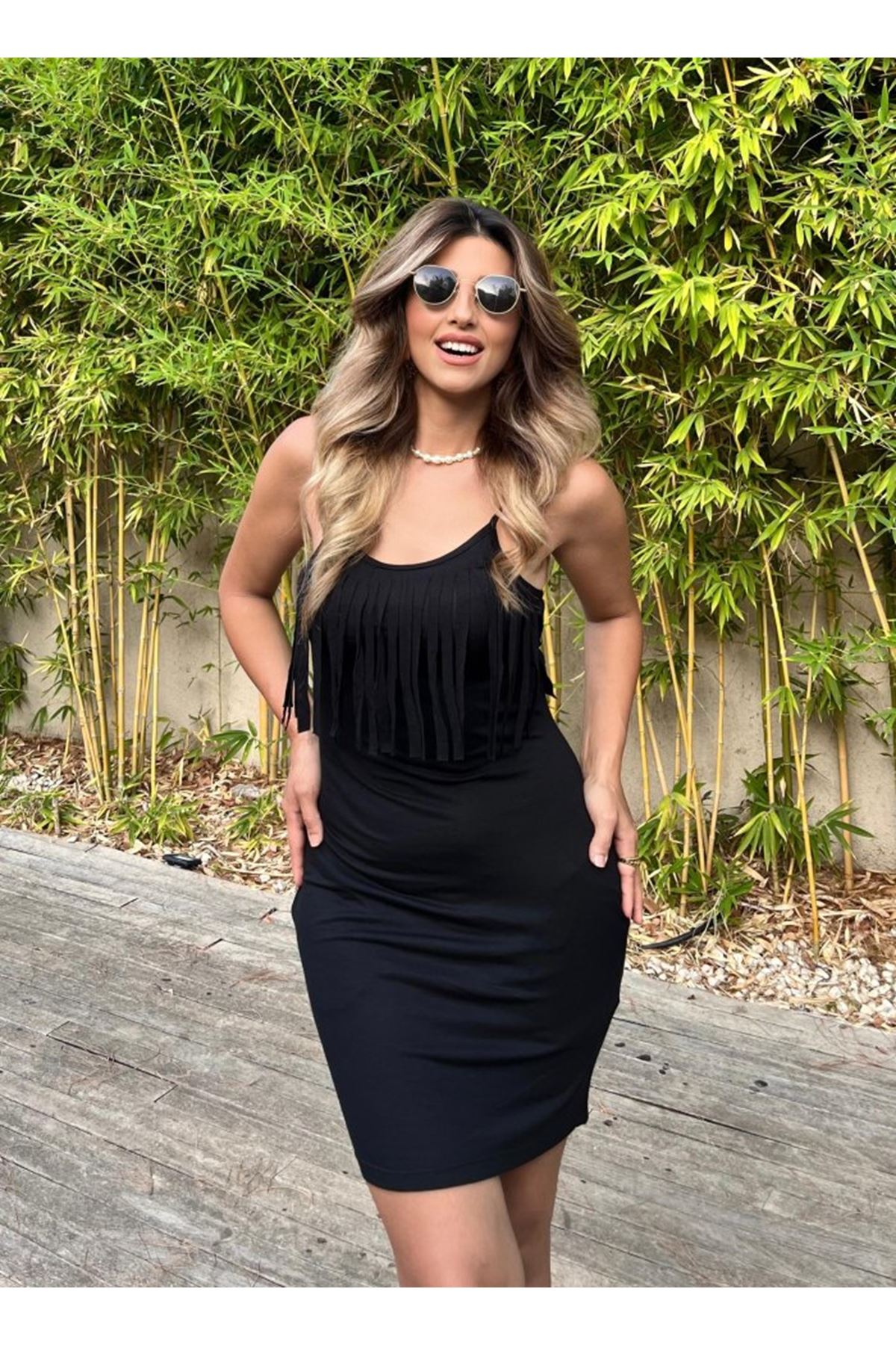 Kadın Sıfır Kol önü Püsküllü Askılı Viskon Mini Elbise