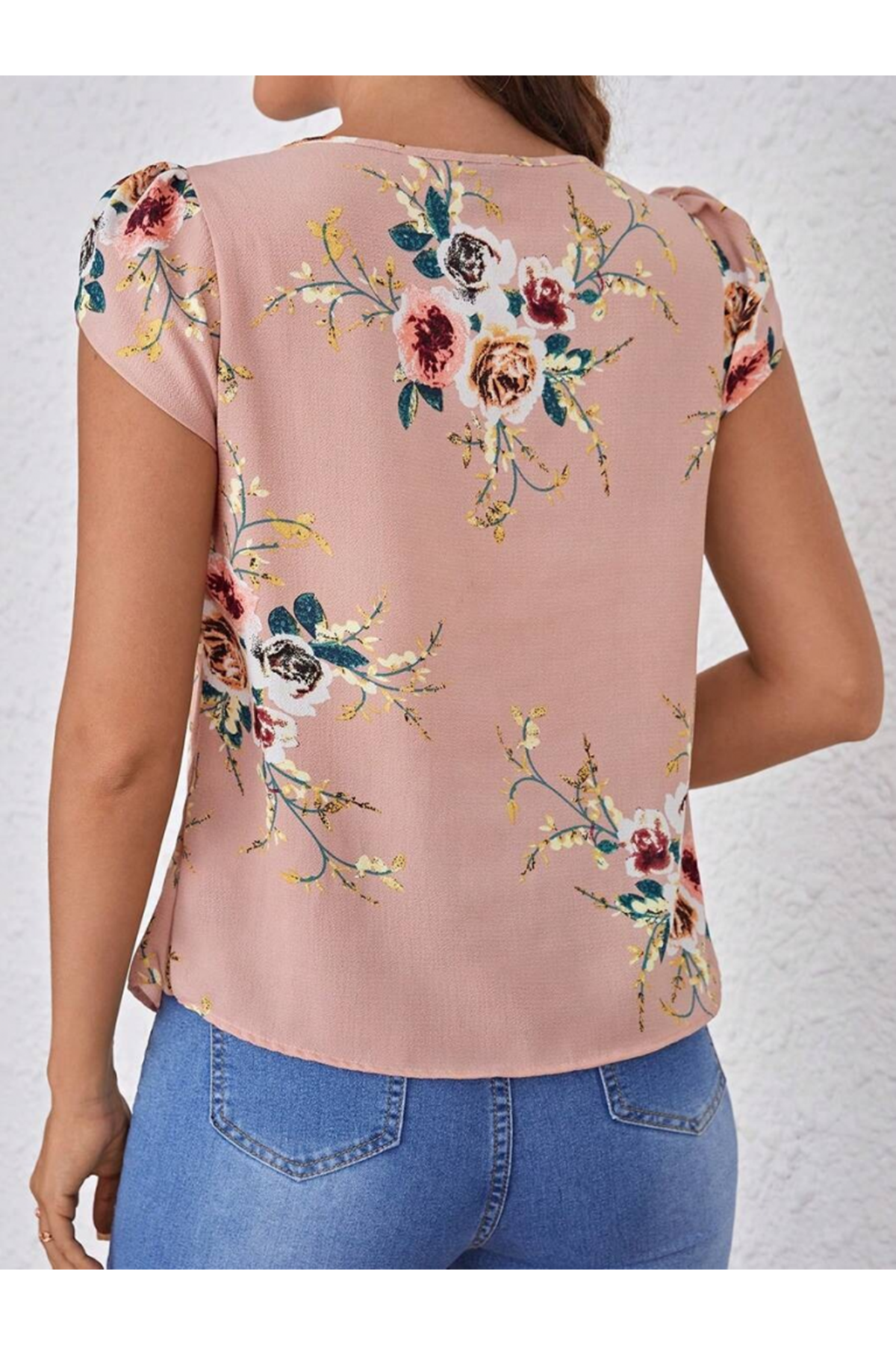Kadın Kısa Kollu Bisiklet Yaka çiçek Baskılı Süprem Bluz